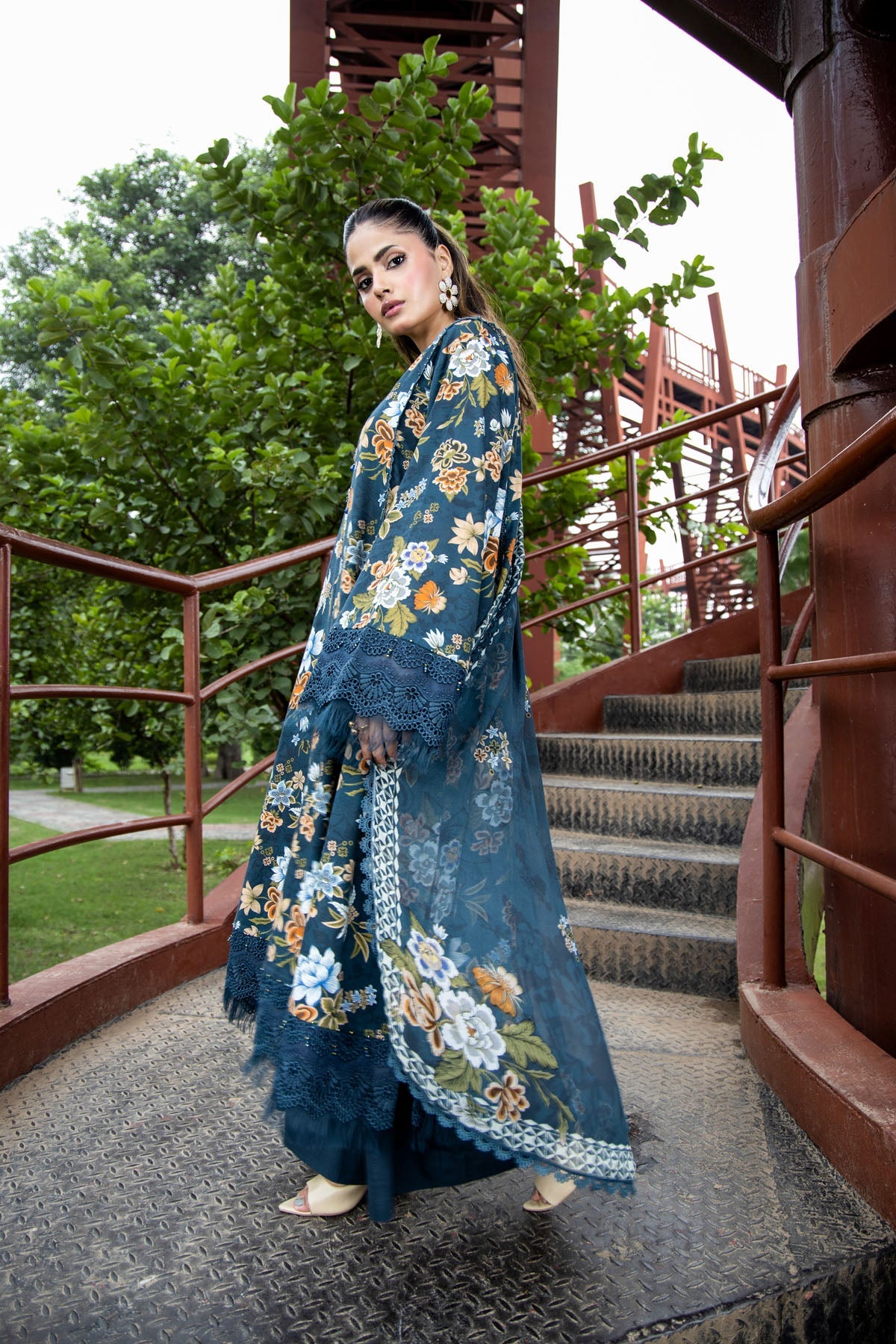 Printed Teal Slub Khaddar 3-Piece Unstitched Suit by The Fabric Store, photo 3