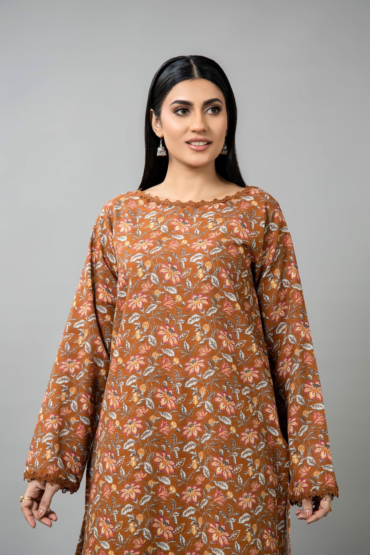 Printed Brown Slub Khaddar Unstitched Shirt by The Fabric Store, photo 4