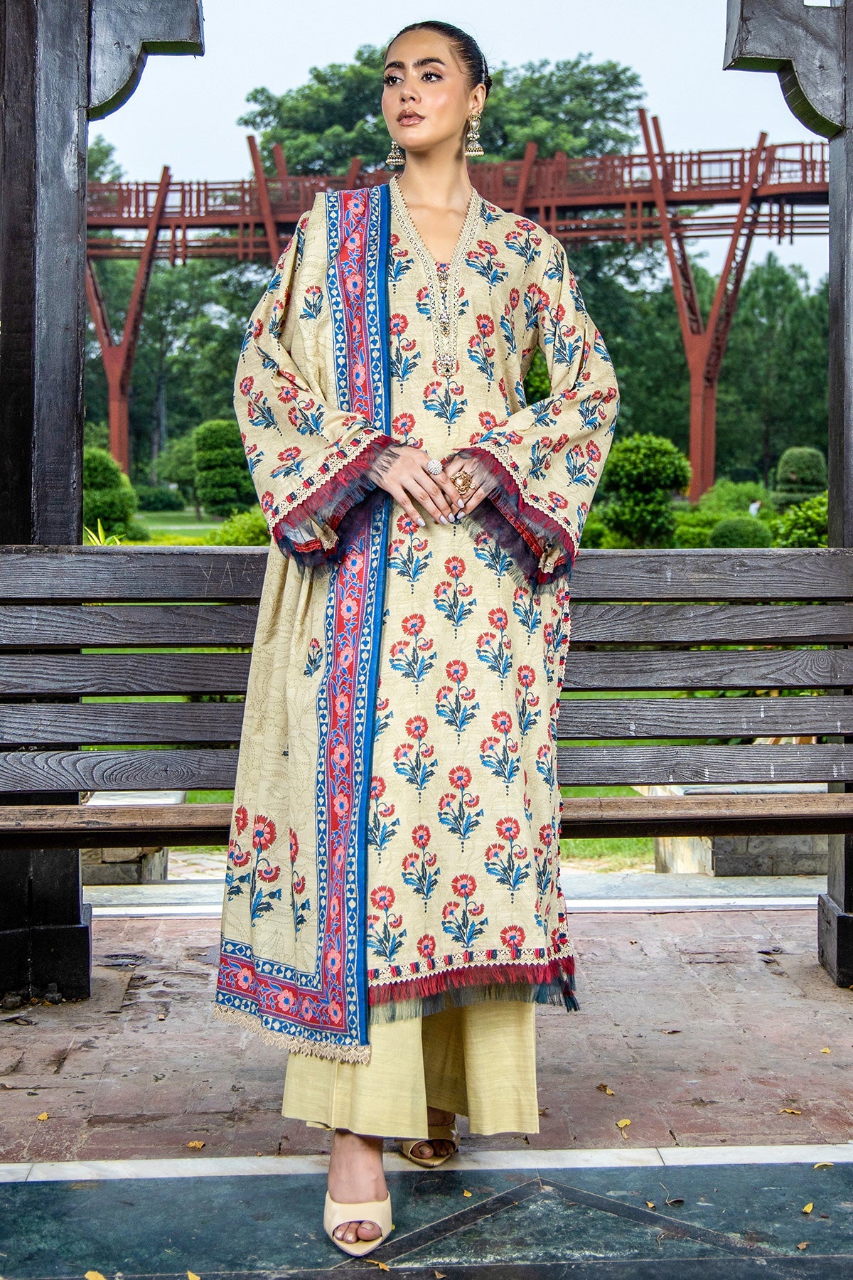 Printed Beige Slub Khaddar 3-Piece Unstitched Suit by The Fabric Store