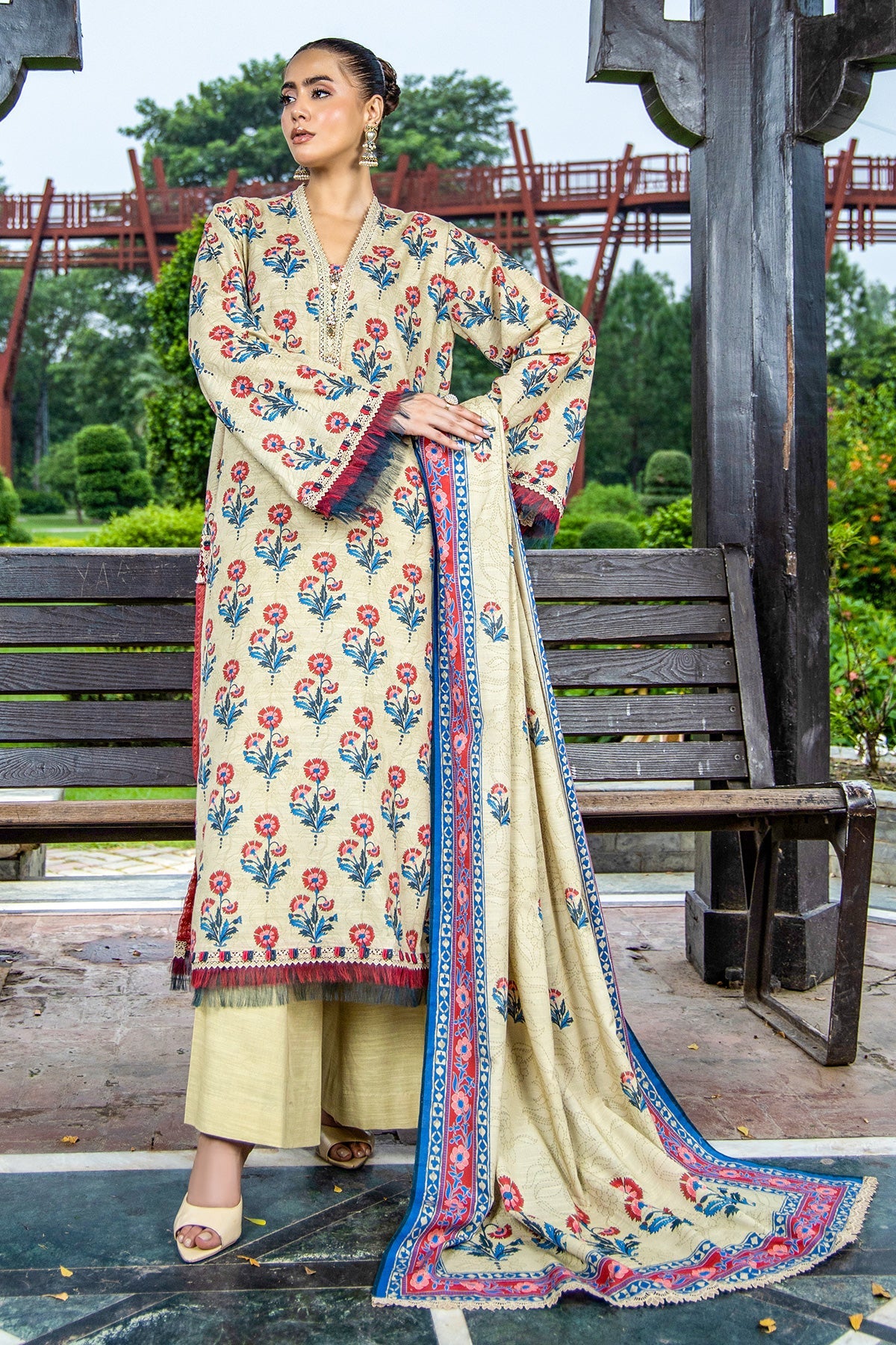 Printed Beige Slub Khaddar 3-Piece Unstitched Suit by The Fabric Store, photo 4