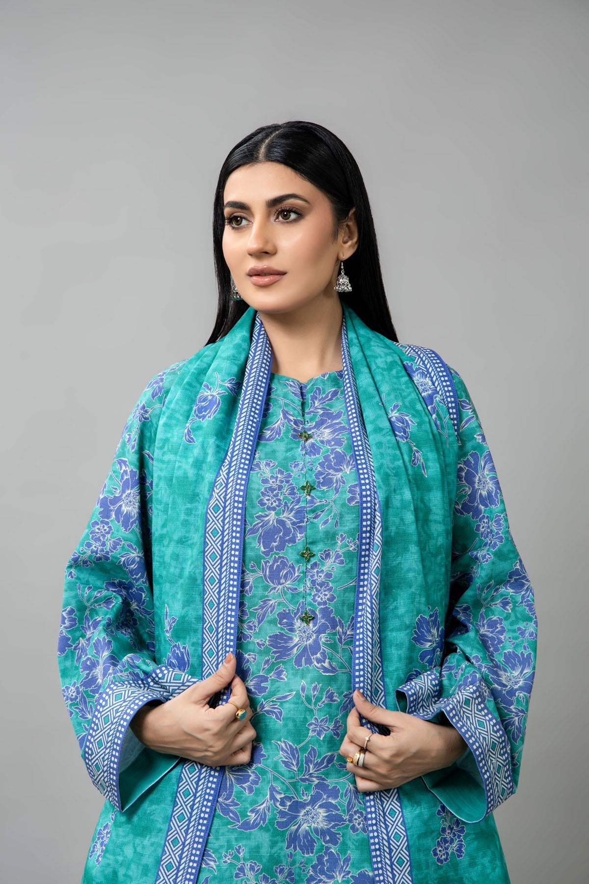 Printed Green Slub Khaddar 3-Piece Unstitched Suit by The Fabric Store, photo 4