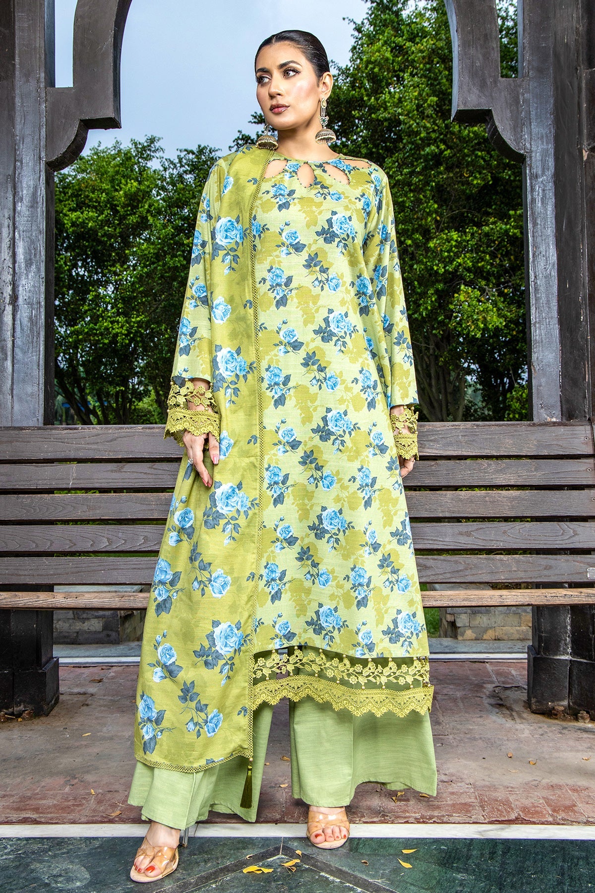 Printed Green Slub Khaddar 2-Piece Unstitched Suit by The Fabric Store