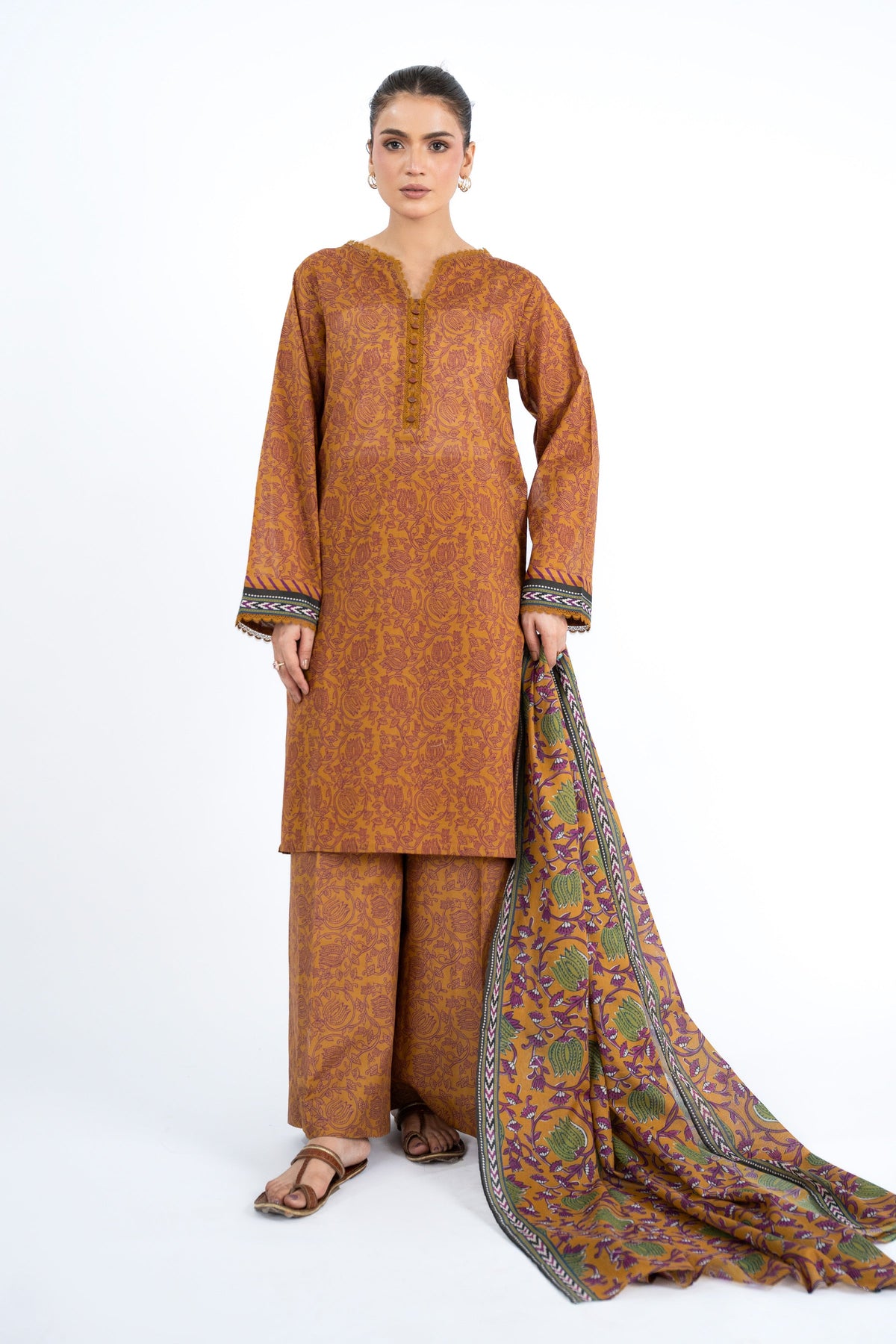 Printed Mustard Lawn 3-Piece Unstitched Suit by The Fabric Store