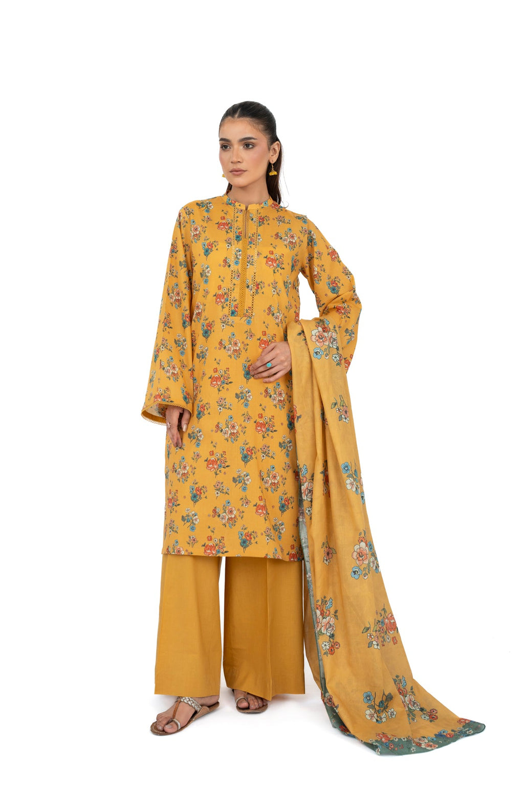 Printed Mustard Lawn 2-Piece Unstitched Suit by The Fabric Store