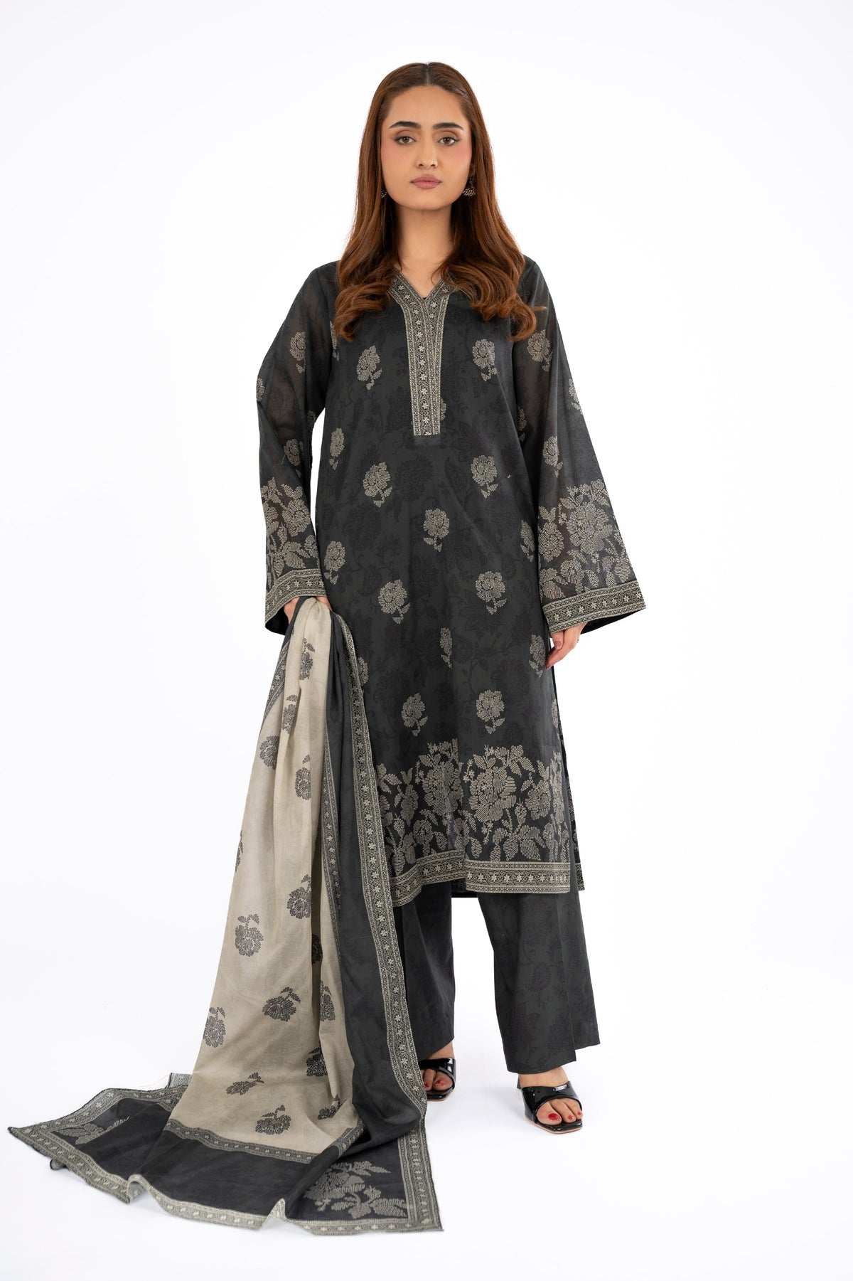 Printed Charcoal Lawn 3-Piece Unstitched Suit by The Fabric Store