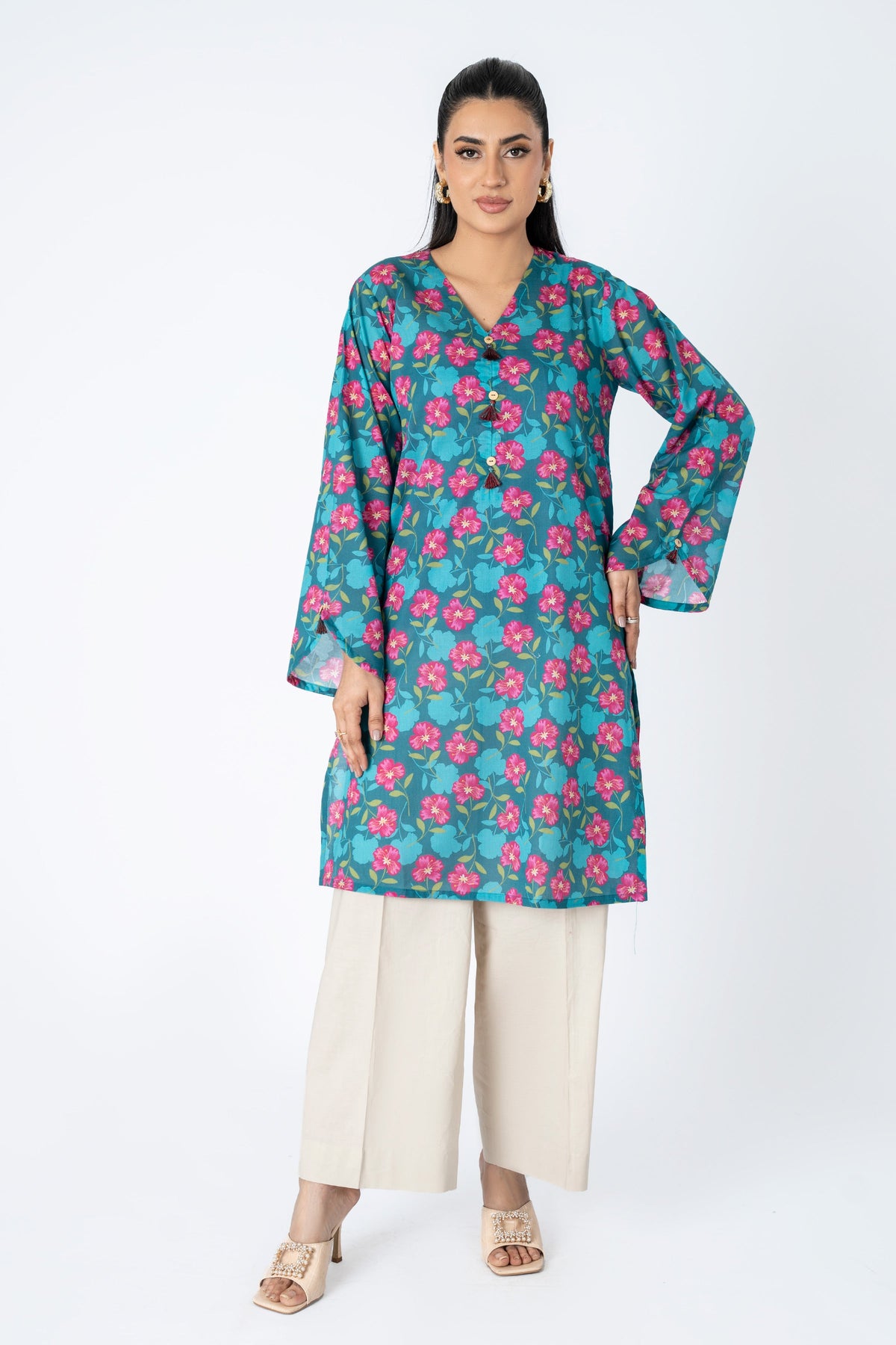 Printed Blue Lawn Pret Shirt by The Fabric Store