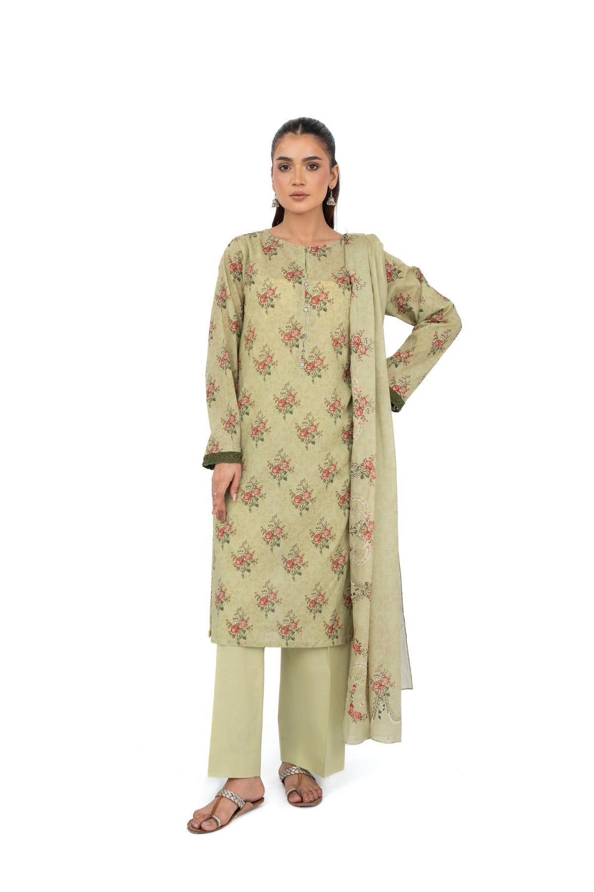 Printed L Green Lawn 3-Piece Unstitched Suit by The Fabric Store