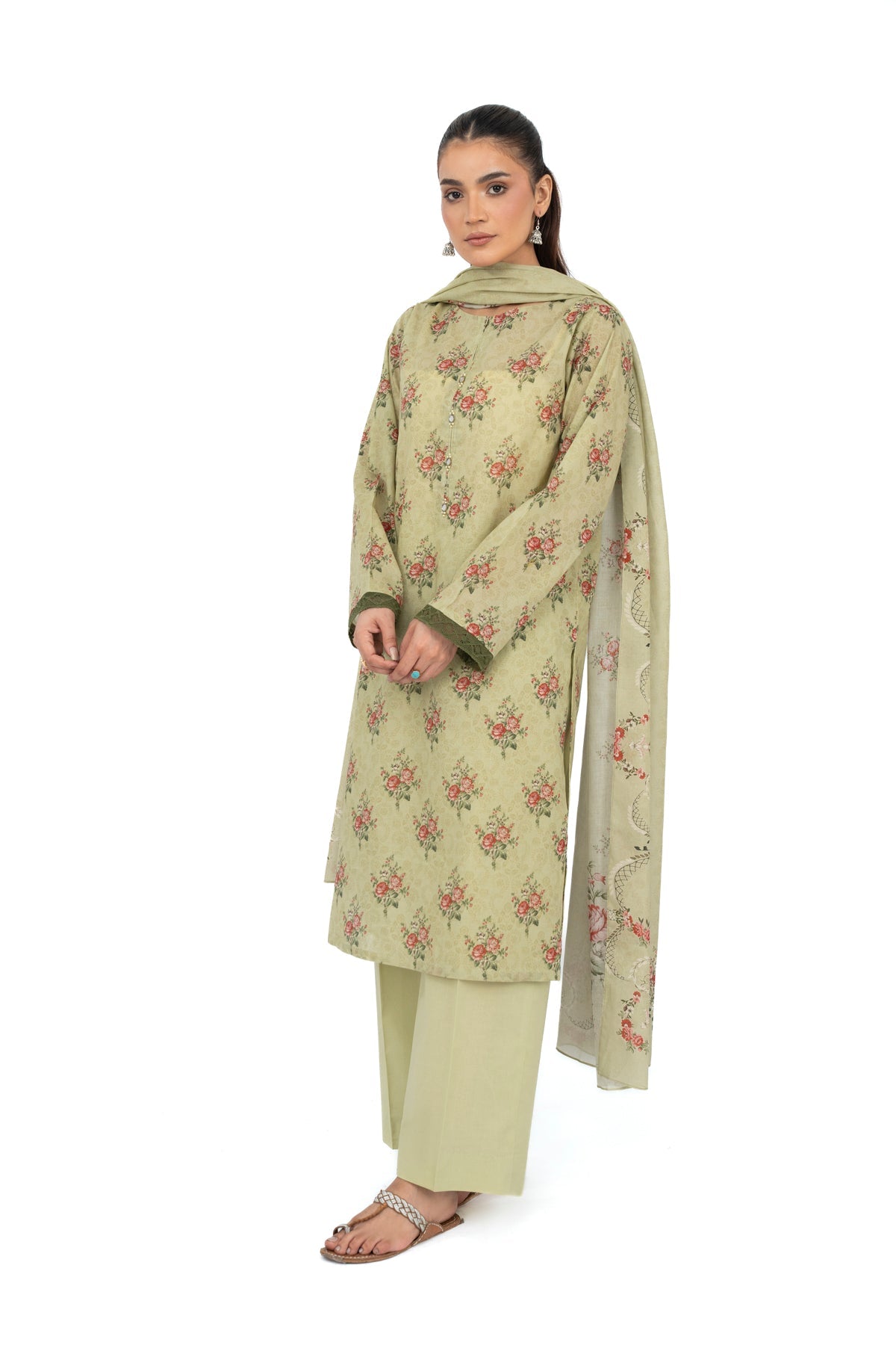 Printed L Green Lawn 3-Piece Unstitched Suit by The Fabric Store, photo 2