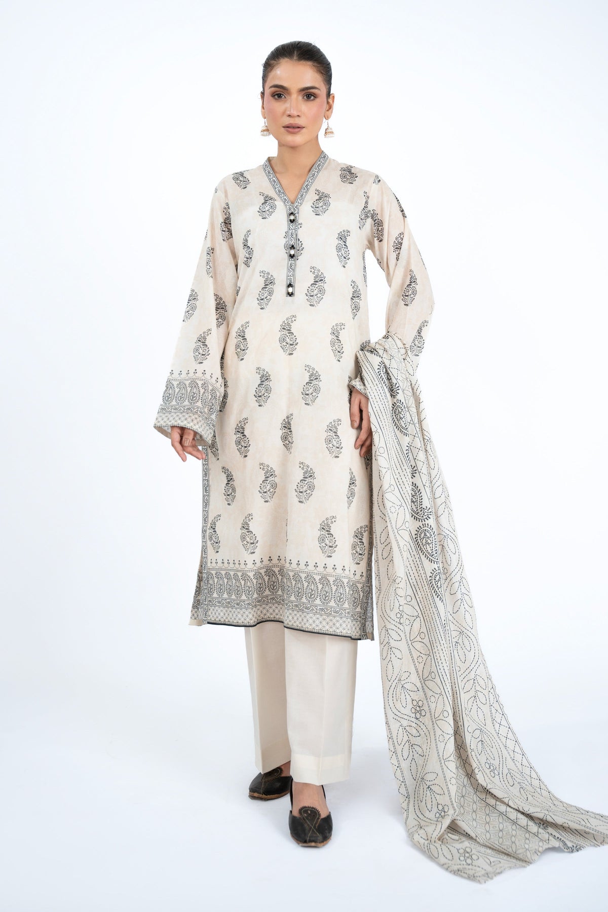 Printed Beige Lawn 3-Piece Unstitched Suit by The Fabric Store