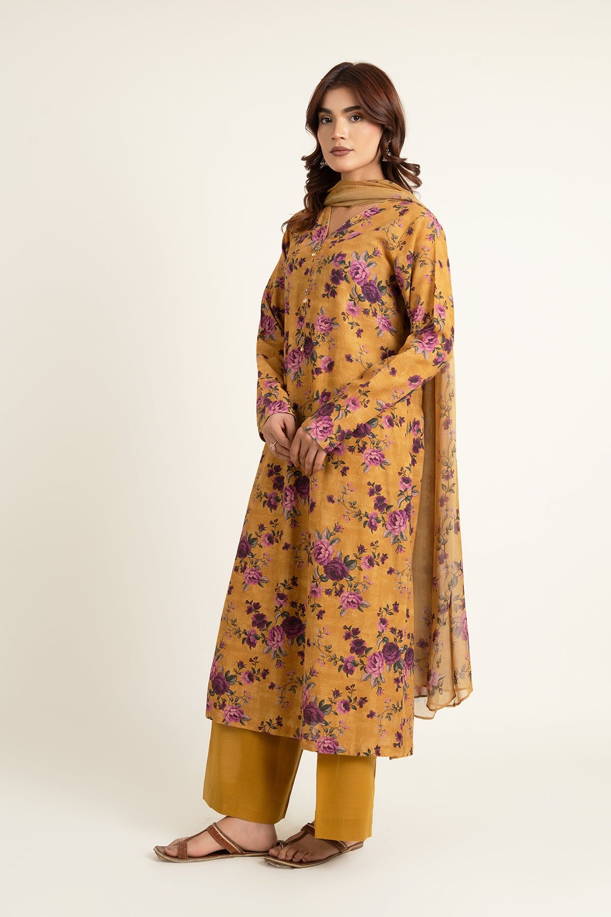 Printed Mustard Slub Khaddar 3-Piece Unstitched Suit by The Fabric Store, photo 3