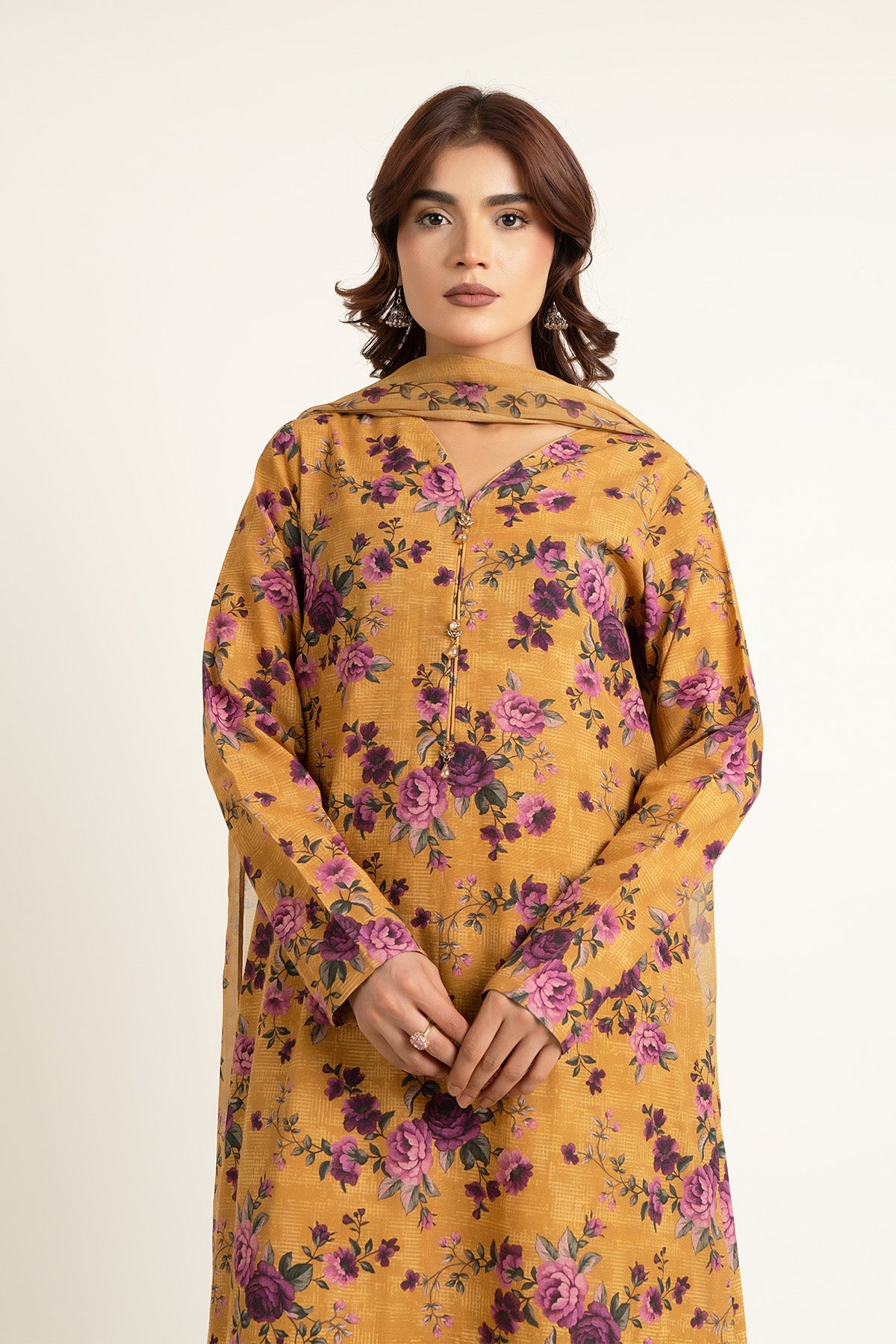 Printed Mustard Slub Khaddar 3-Piece Unstitched Suit by The Fabric Store, photo 4