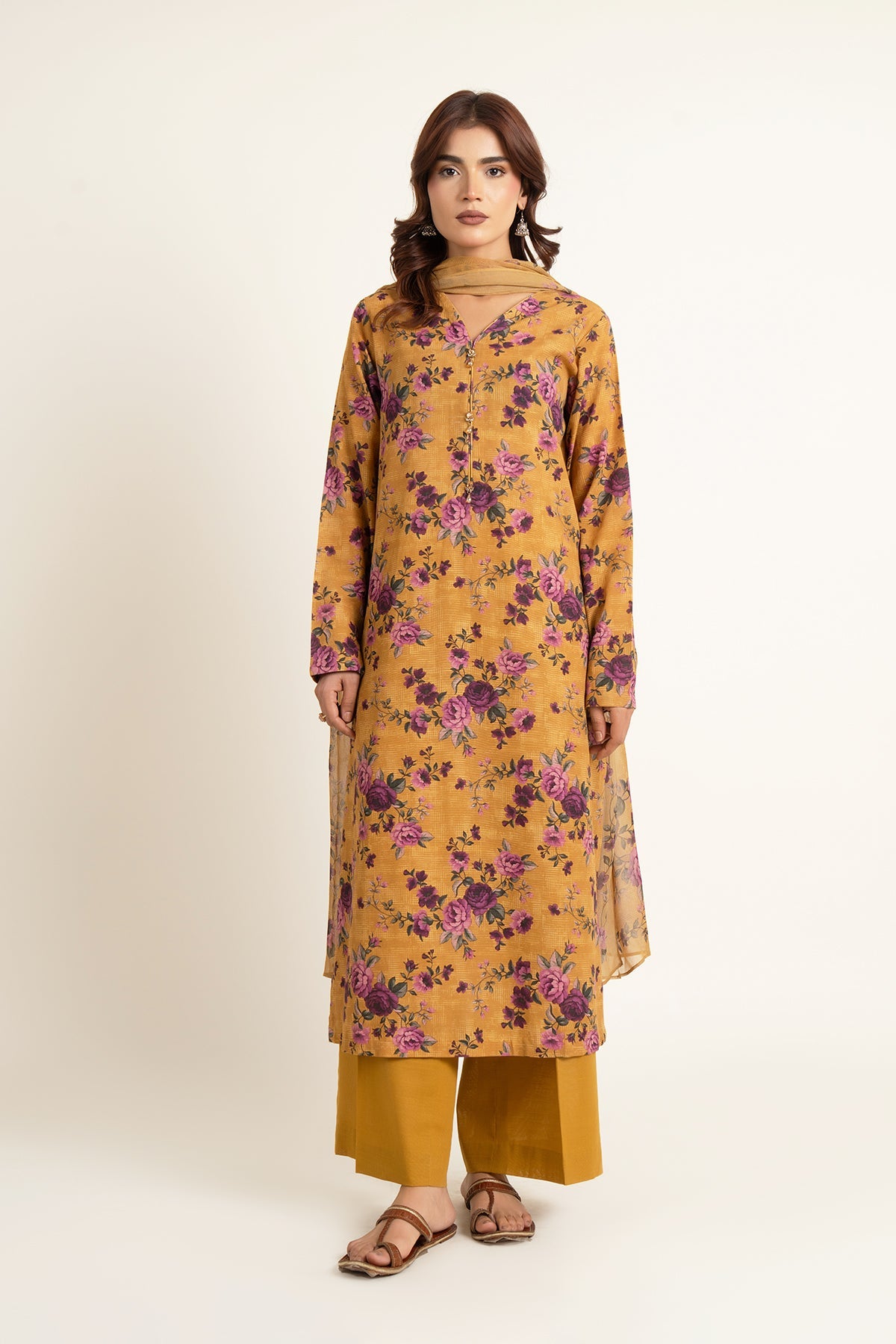 Printed Mustard Slub Khaddar 3-Piece Unstitched Suit by The Fabric Store