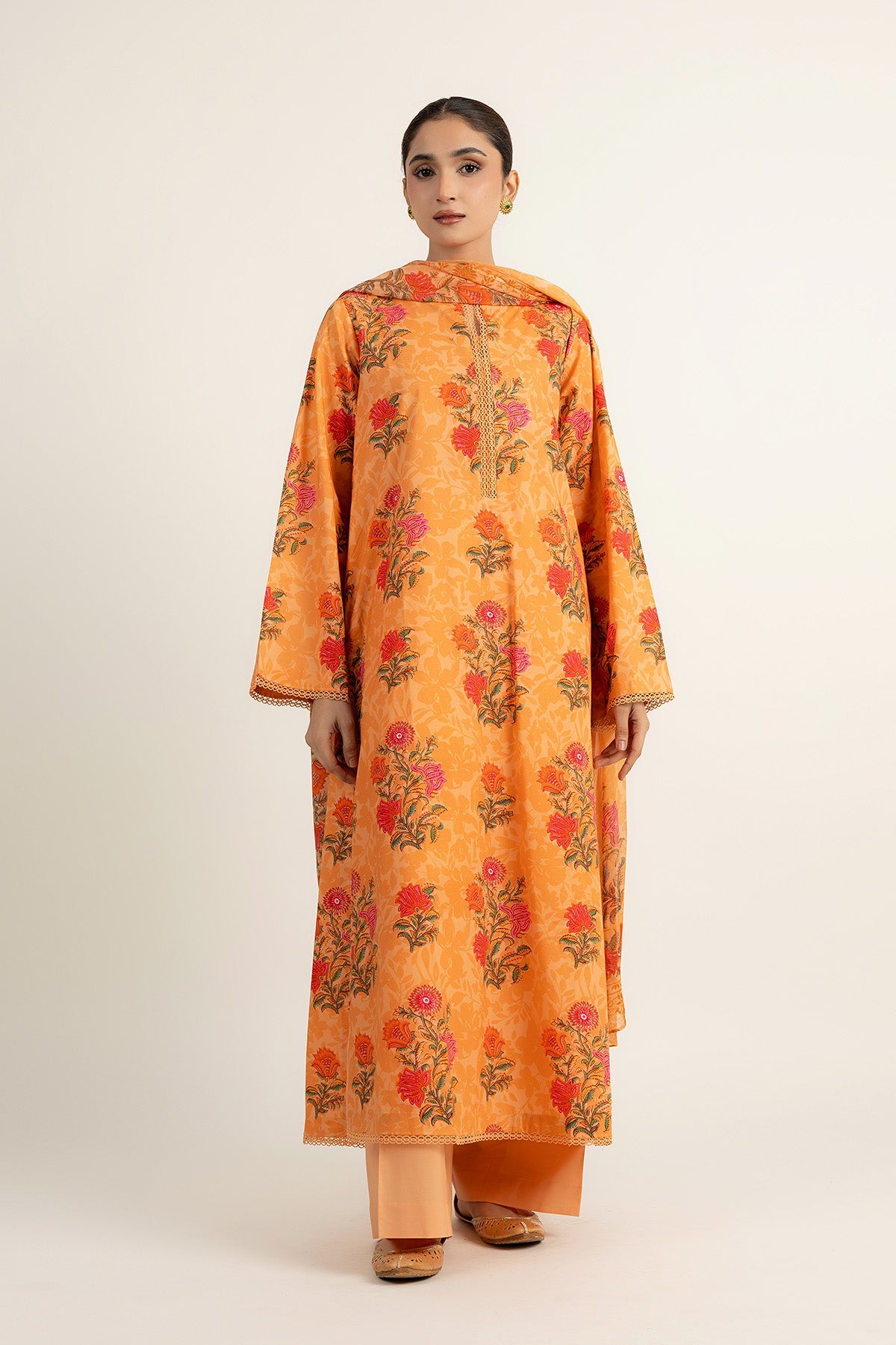 Printed Peach Cambric 3-Piece Unstitched Suit by The Fabric Store