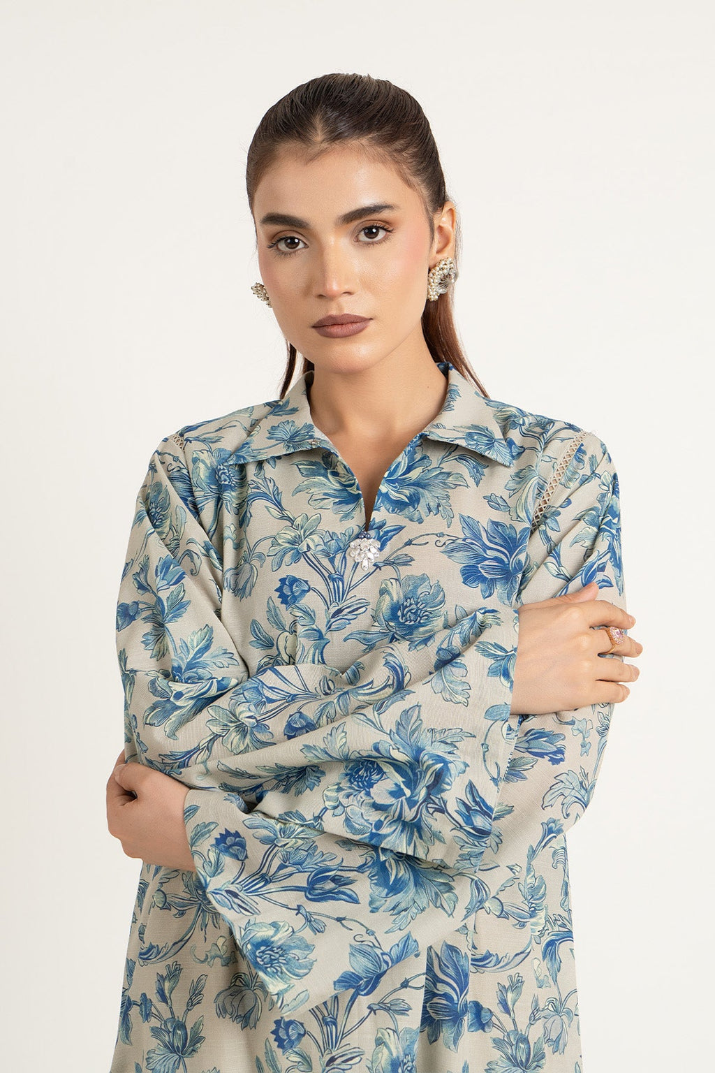 Printed Grey Slub Khaddar Unstitched Shirt by The Fabric Store, photo 3