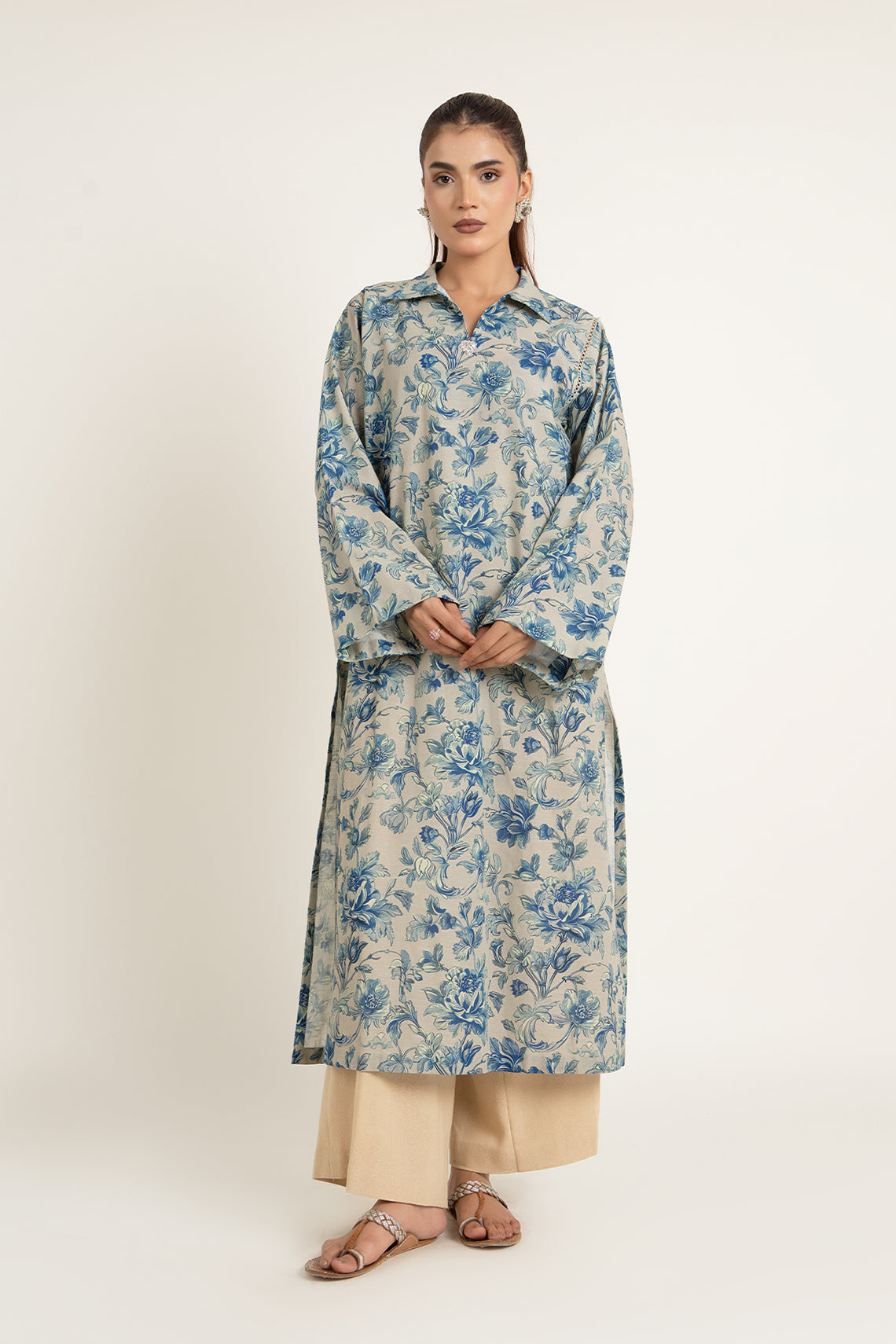 Printed Grey Slub Khaddar Unstitched Shirt by The Fabric Store
