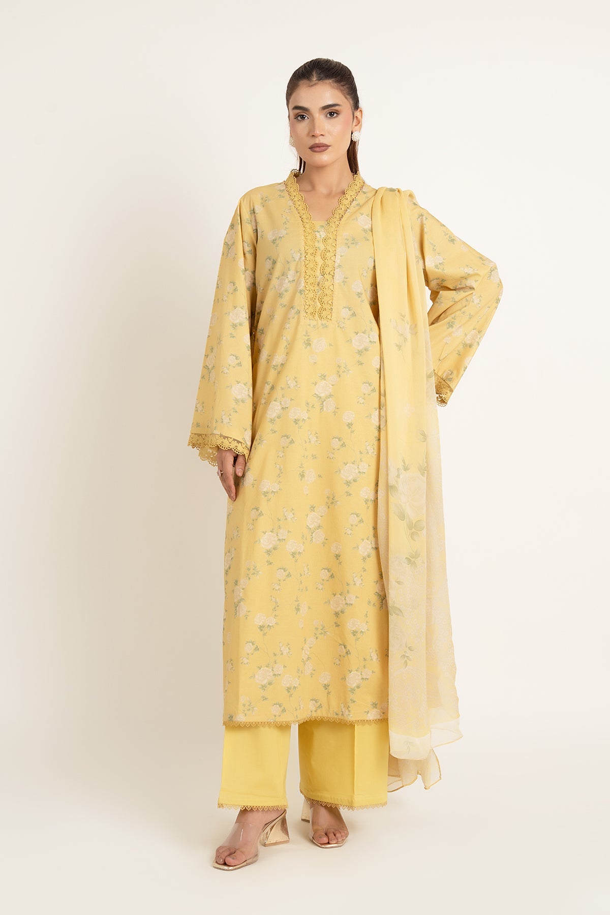 Printed Yellow Cambric 3-Piece Unstitched Suit by The Fabric Store