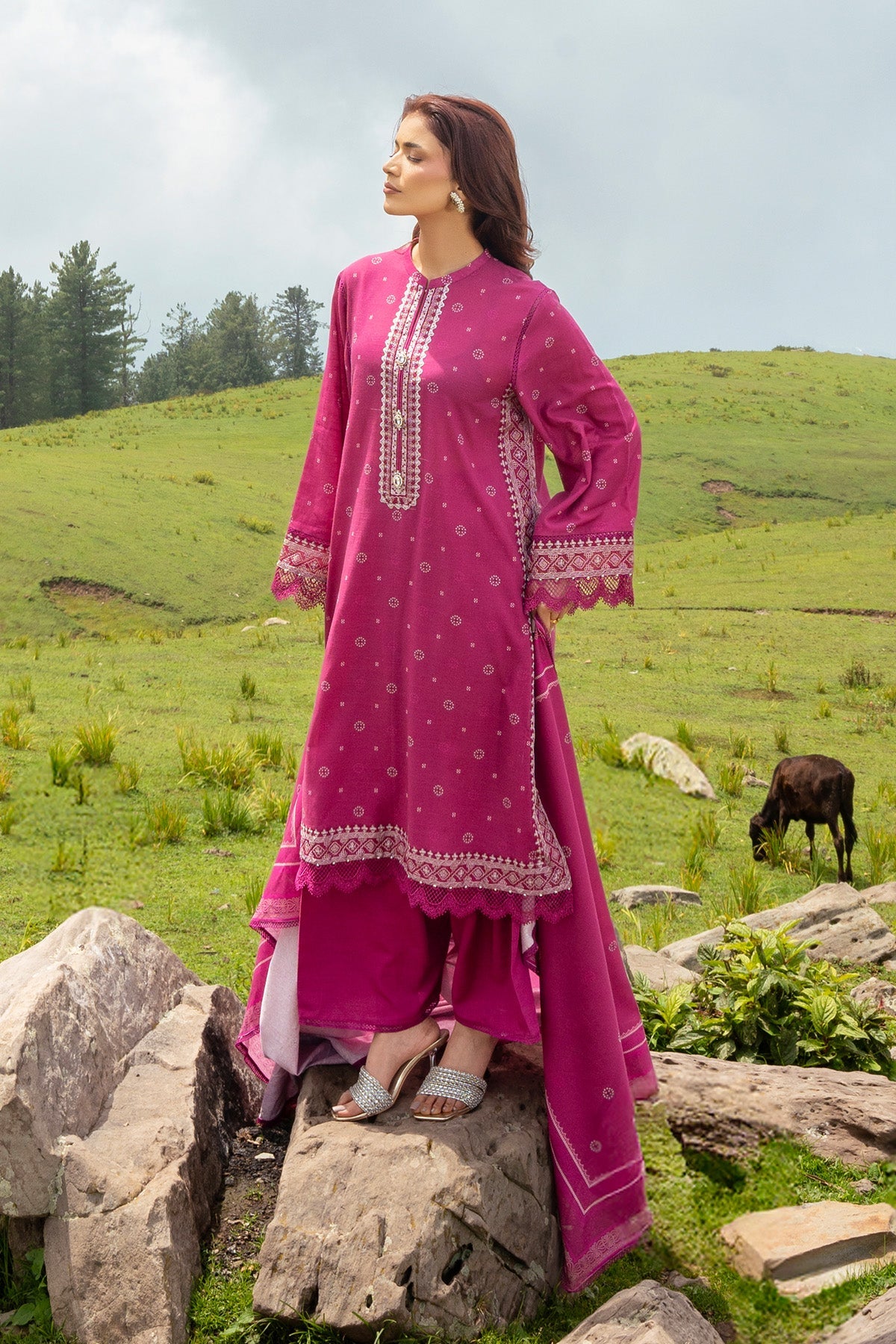 Printed Purple Slub Khaddar 3-Piece Unstitched Suit by The Fabric Store