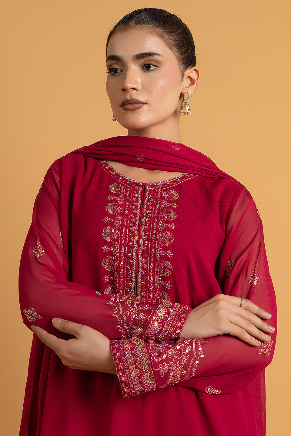 Embroidered & Embellished Pink Chiffon 3-Piece Pret Suit by The Fabric Store, photo 3