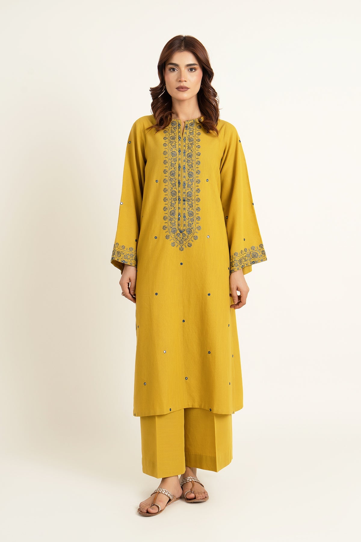 Embroidered & Embellished Olive Slub Khaddar 2-Piece Pret Suit by The Fabric Store