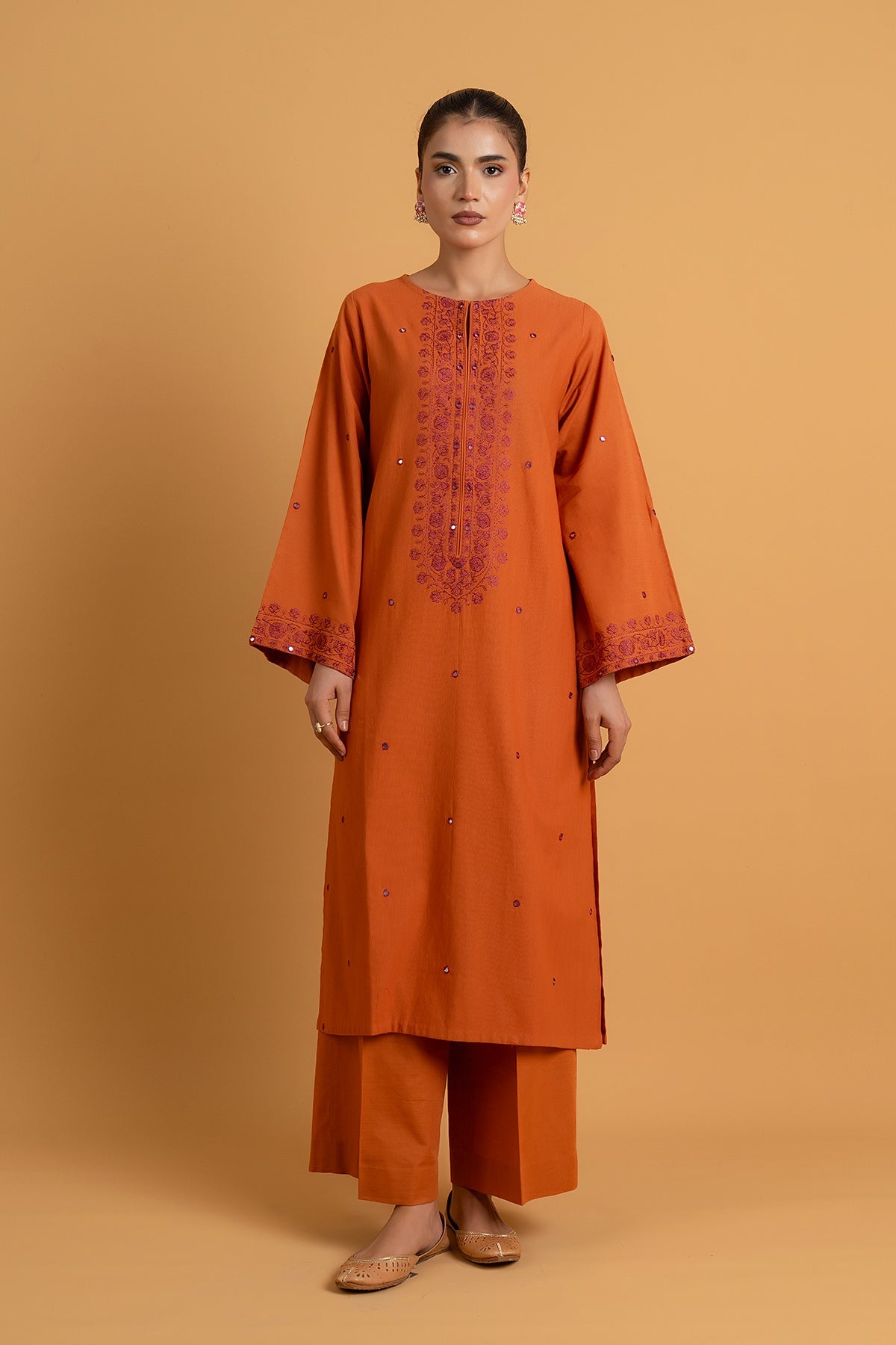 Embroidered & Embellished Rust Slub Khaddar 2-Piece Pret Suit by The Fabric Store