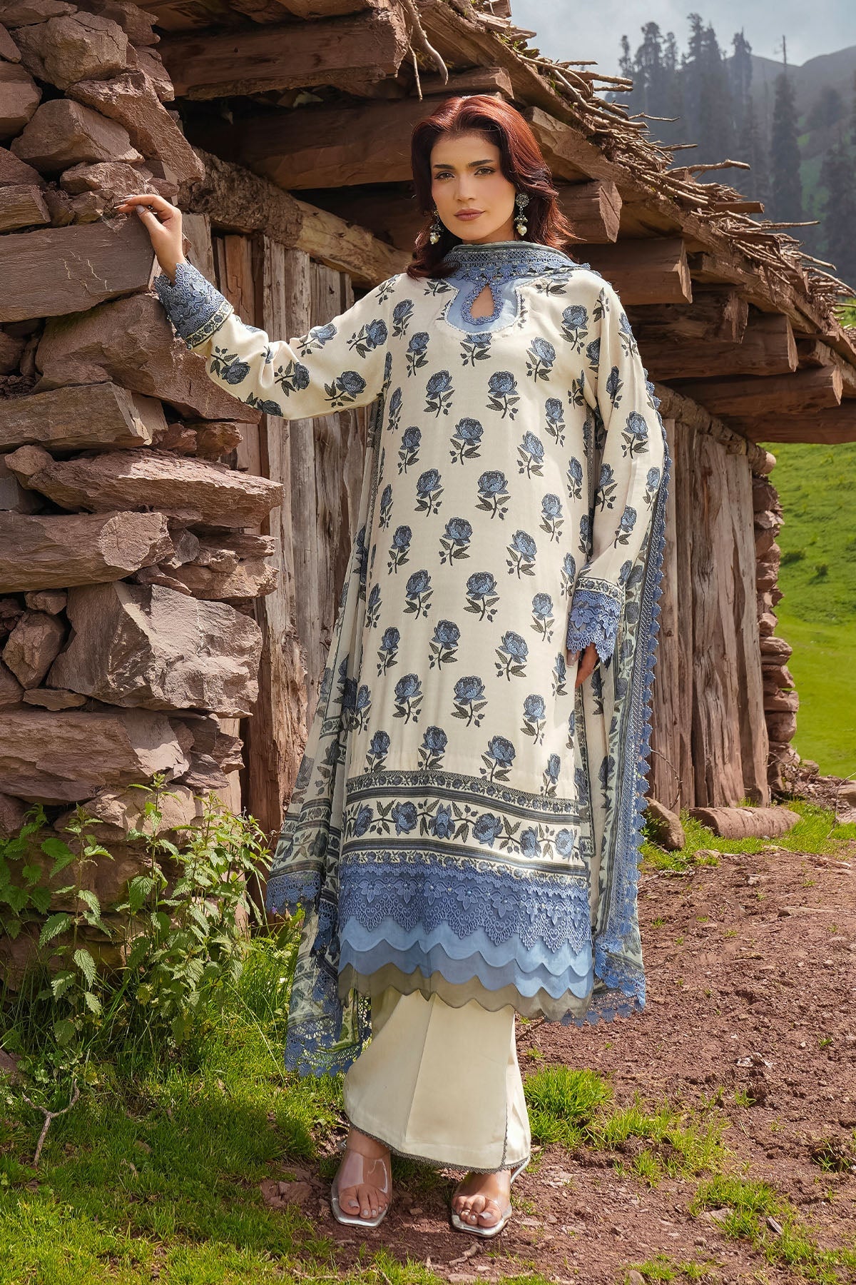 Printed O White Marina 3-Piece Unstitched Suit by The Fabric Store