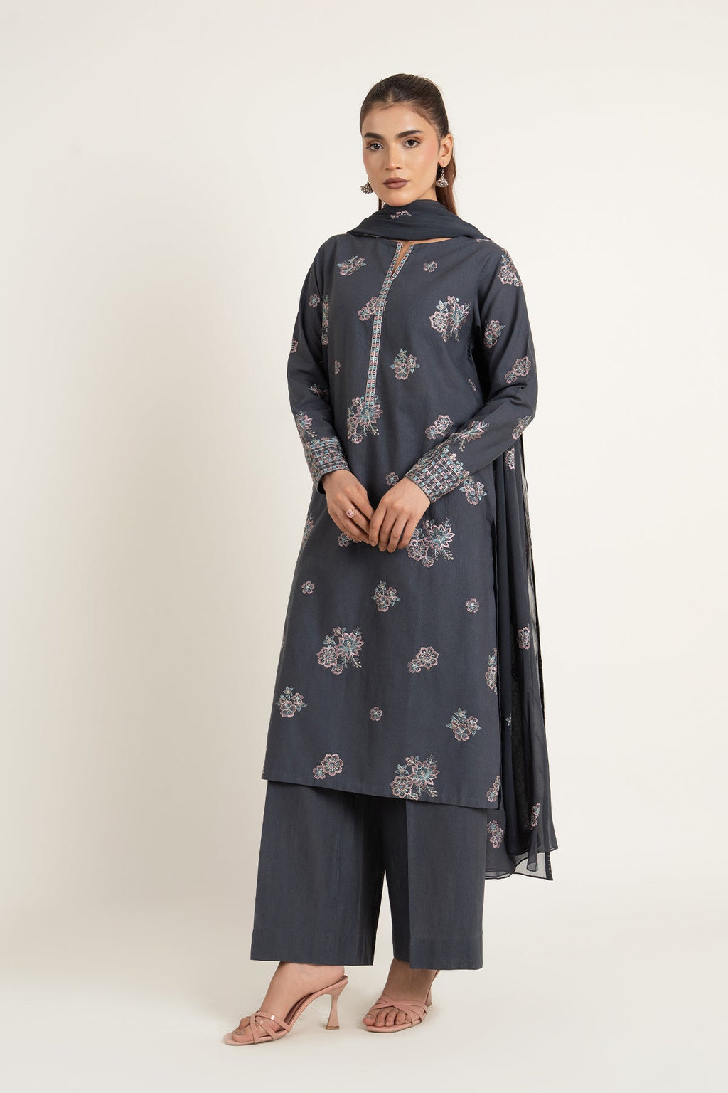 Embroidered Grey Slub Khaddar 3-Piece Pret Suit by The Fabric Store