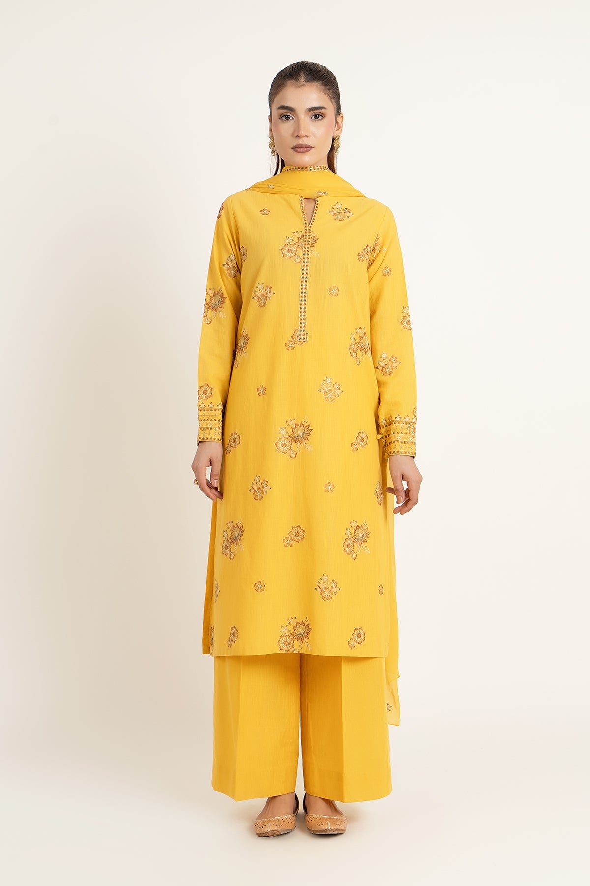 Embroidered Yellow Slub Khaddar 3-Piece Pret Suit by The Fabric Store