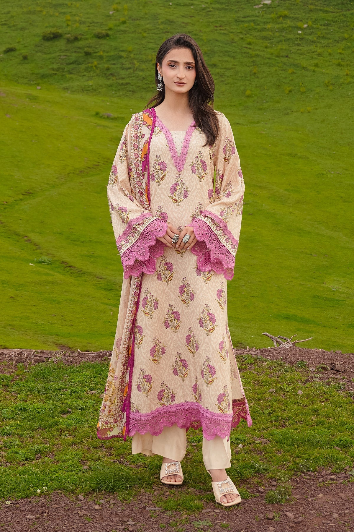 Printed Cream Marina 3-Piece Unstitched Suit by The Fabric Store