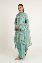 Printed Ice Blue Linen 3-Piece Unstitched Suit by The Fabric Store