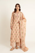 Printed Peach Slub Khaddar 3-Piece Unstitched Suit by The Fabric Store