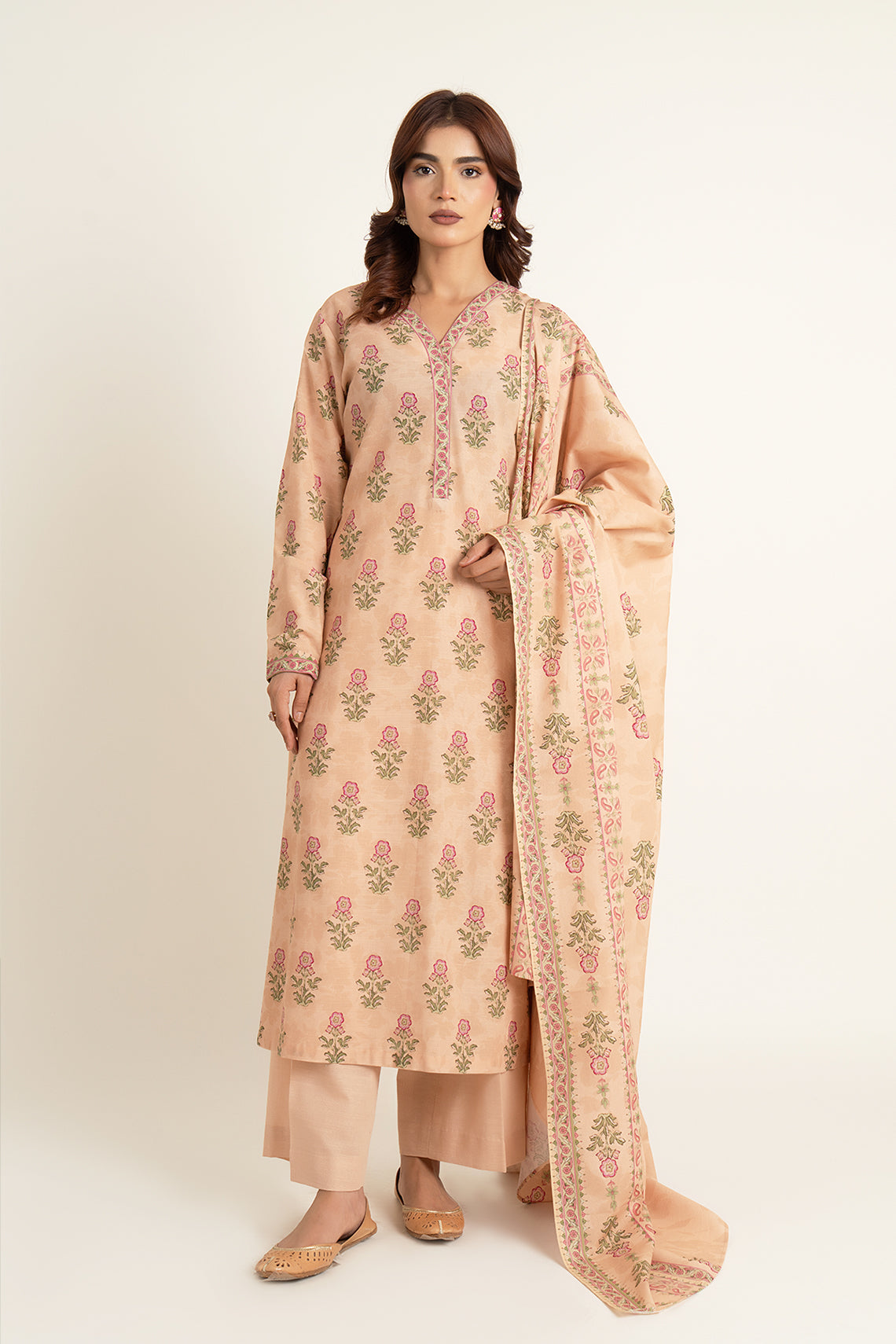 Printed Peach Slub Khaddar 3-Piece Unstitched Suit by The Fabric Store