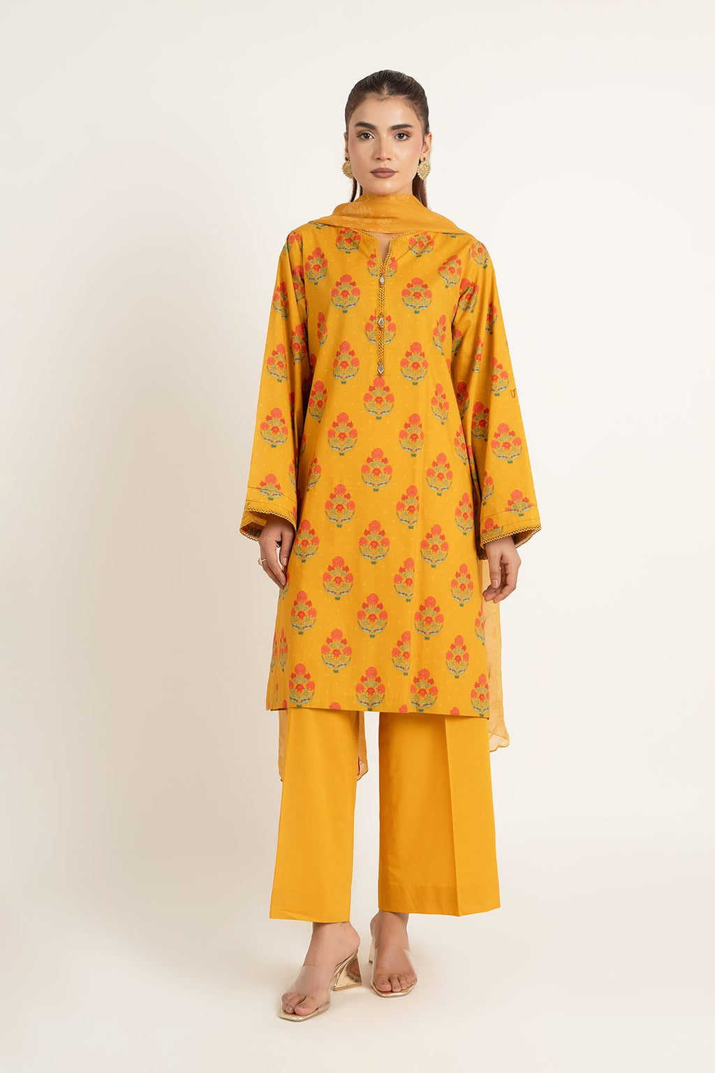 Printed Mustard Cambric 3-Piece Unstitched Suit by The Fabric Store
