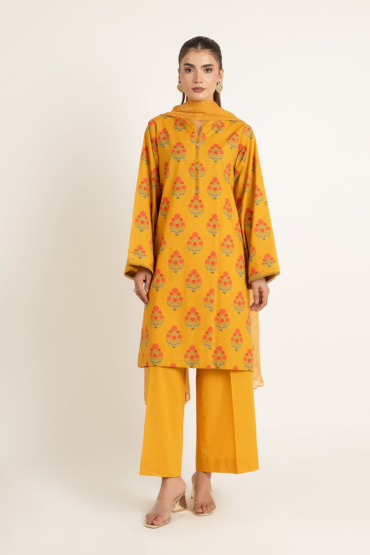 Printed Mustard Cambric 3-Piece Unstitched Suit by The Fabric Store