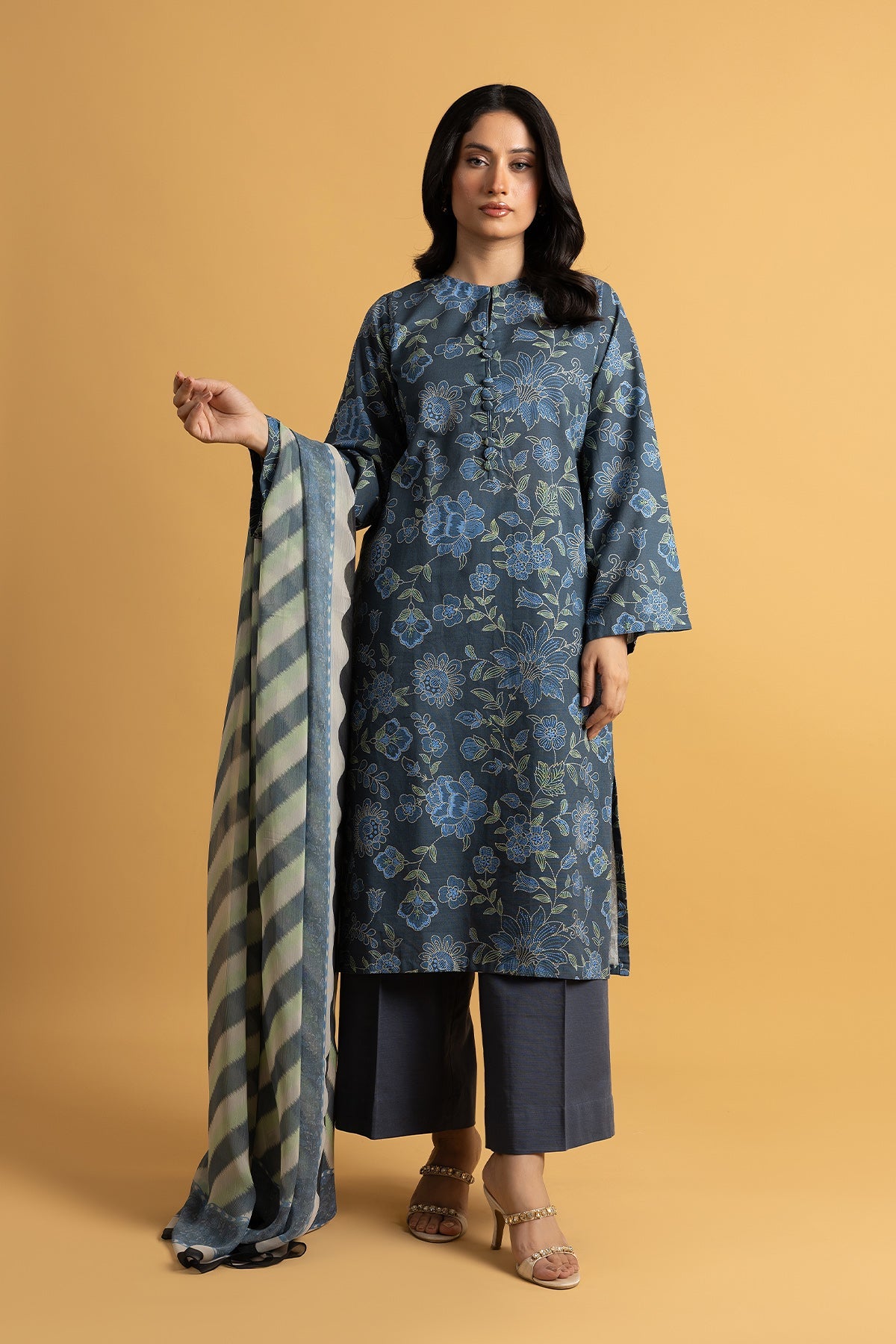 Printed Blue Slub Khaddar 3-Piece Pret Suit by The Fabric Store