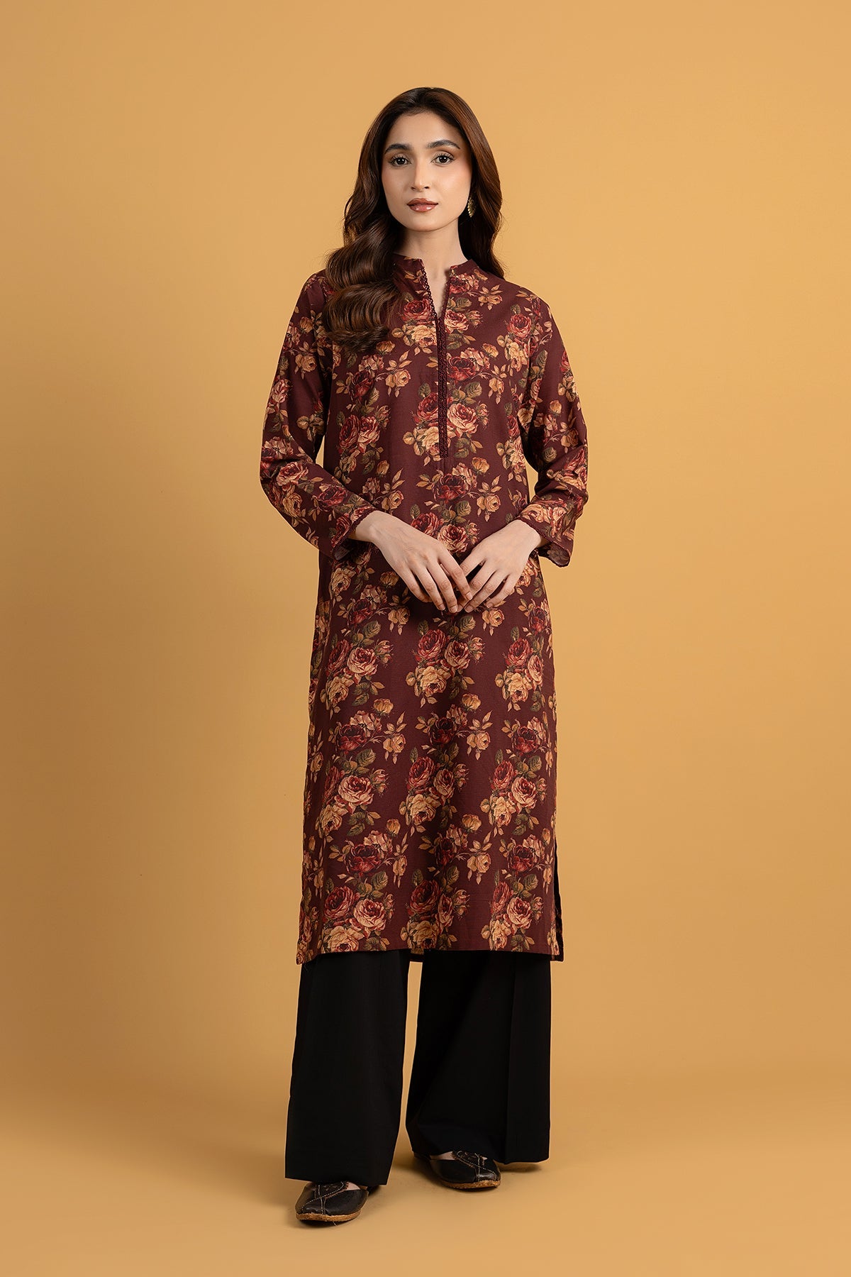 Printed D.Brown Slub Khaddar Pret Shirt by The Fabric Store