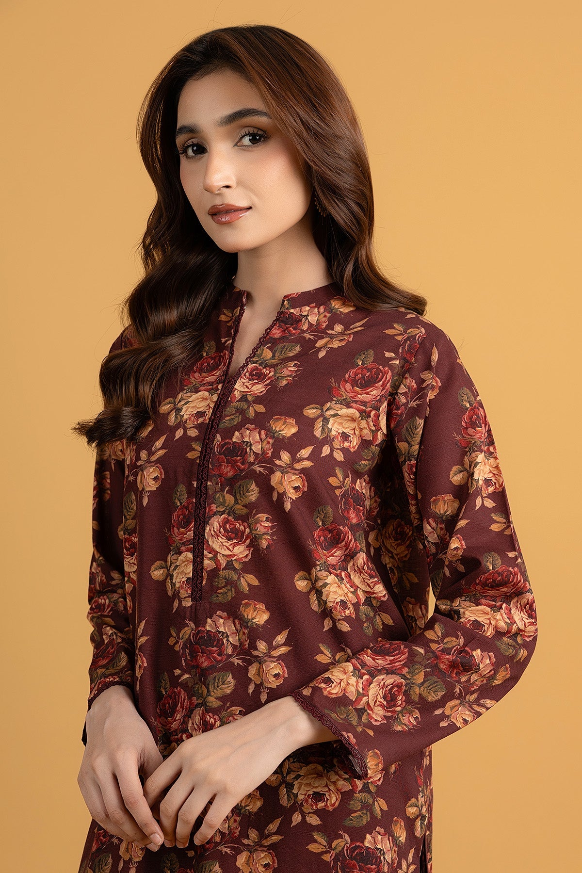 Printed D.Brown Slub Khaddar Pret Shirt by The Fabric Store, photo 4