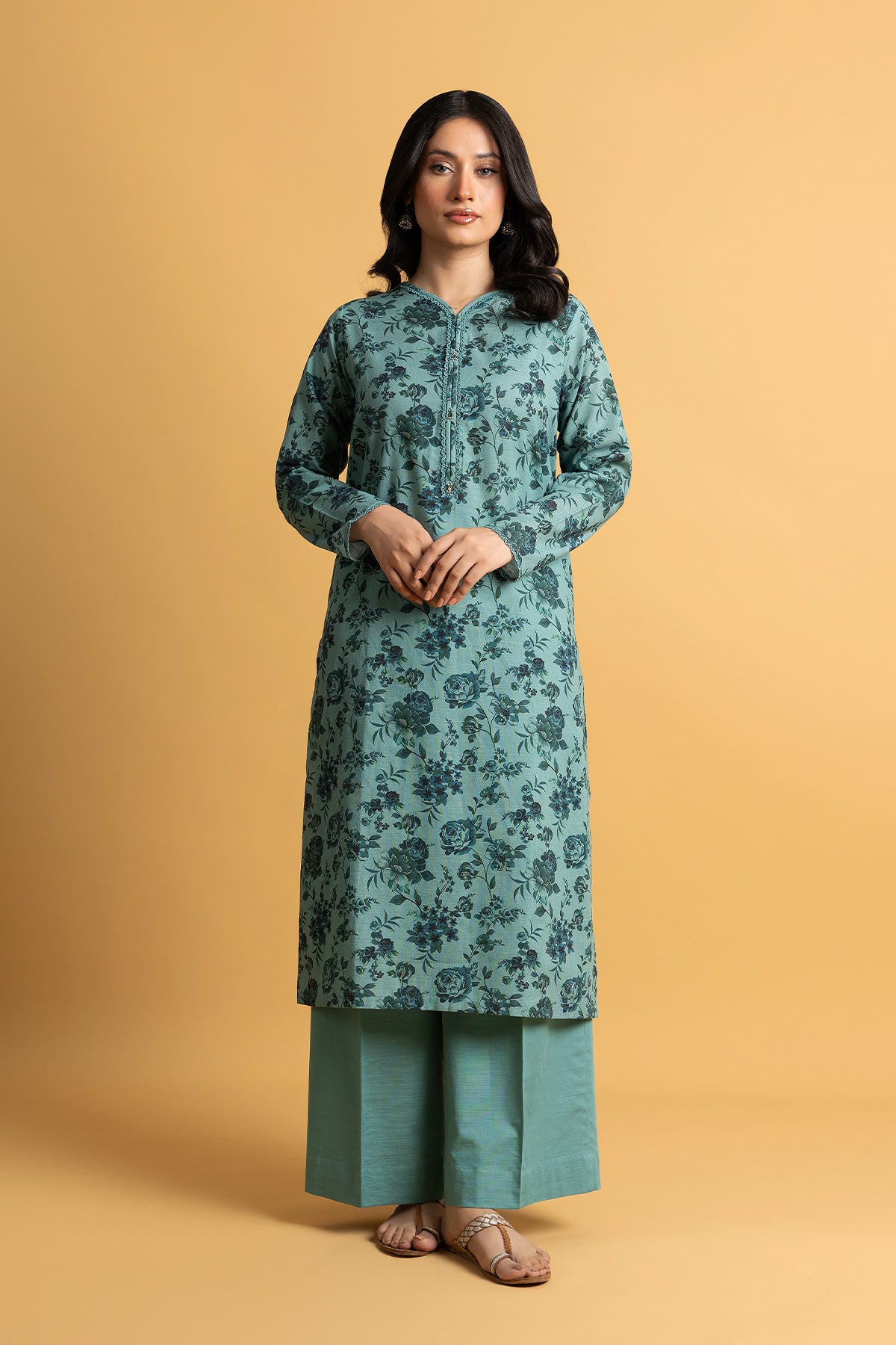 Printed D Blue Slub Khaddar 2-Piece Pret Suit by The Fabric Store