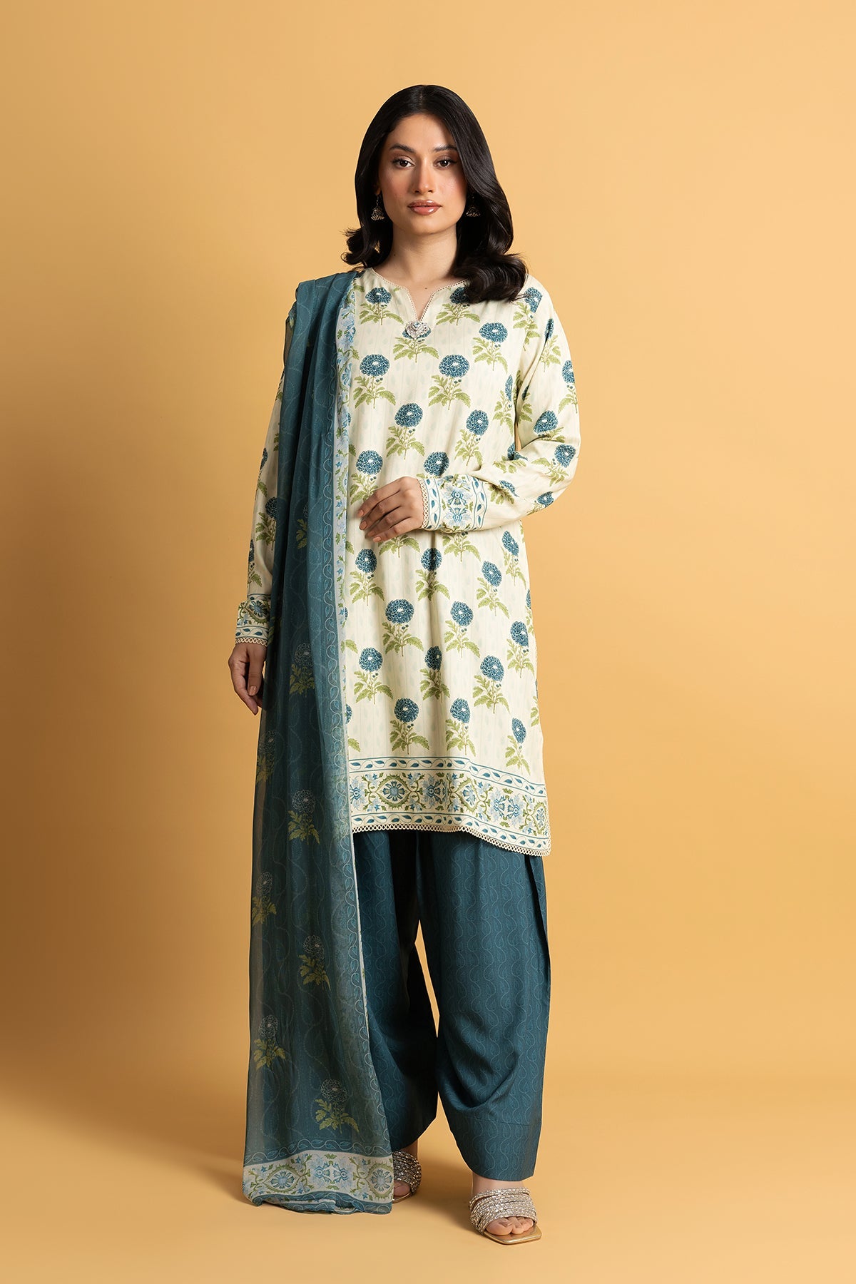 Printed O White Marina 3-Piece Unstitched Suit by The Fabric Store