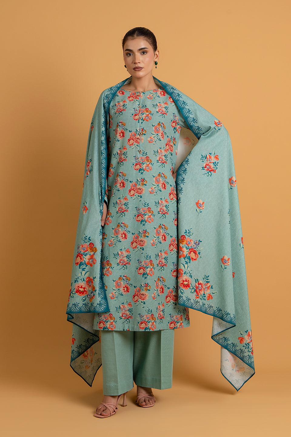 Printed Blue Slub Khaddar 3-Piece Unstitched Suit by The Fabric Store