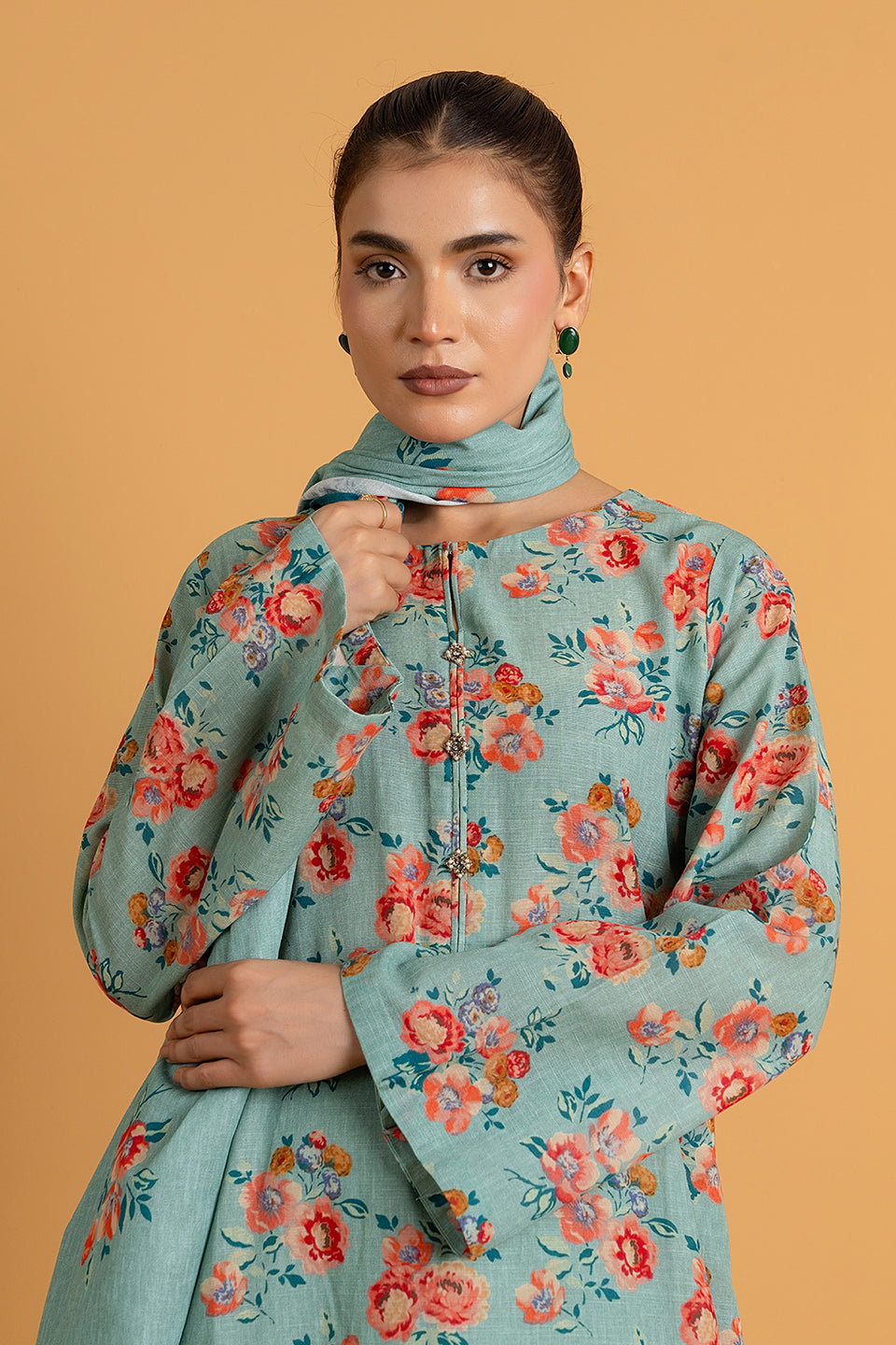Printed Blue Slub Khaddar 3-Piece Unstitched Suit by The Fabric Store, photo 3