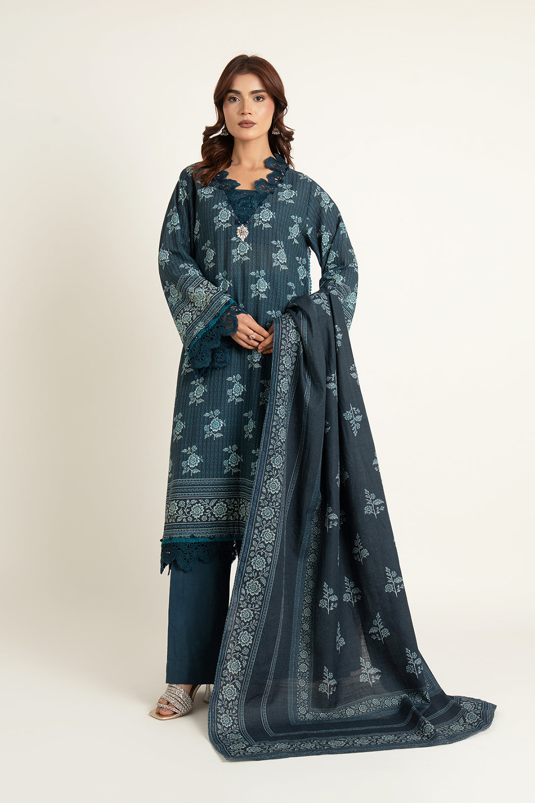 Printed D.Blue Slub Khaddar 3-Piece Unstitched Suit by The Fabric Store