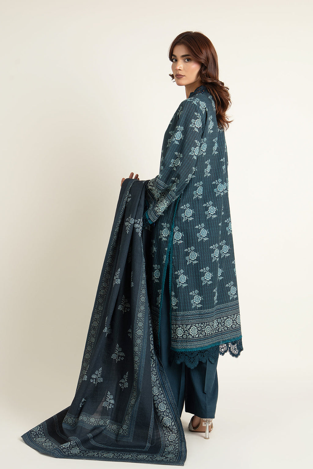 Printed D.Blue Slub Khaddar 3-Piece Unstitched Suit by The Fabric Store, photo 2