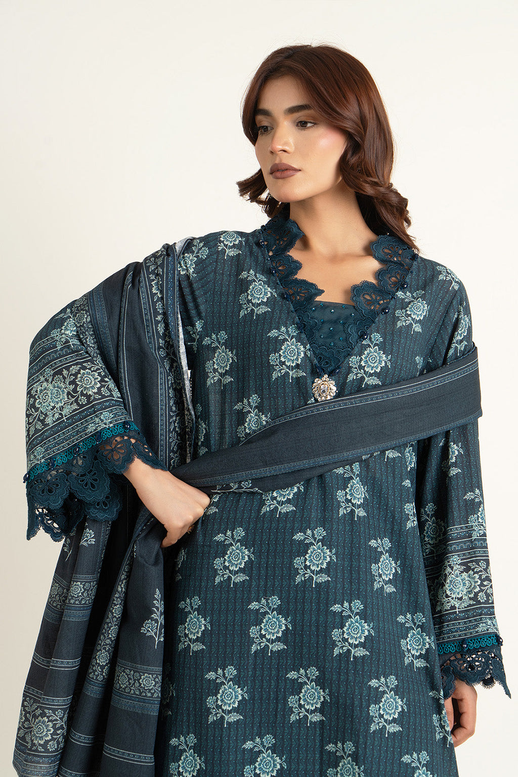 Printed D.Blue Slub Khaddar 3-Piece Unstitched Suit by The Fabric Store, photo 4