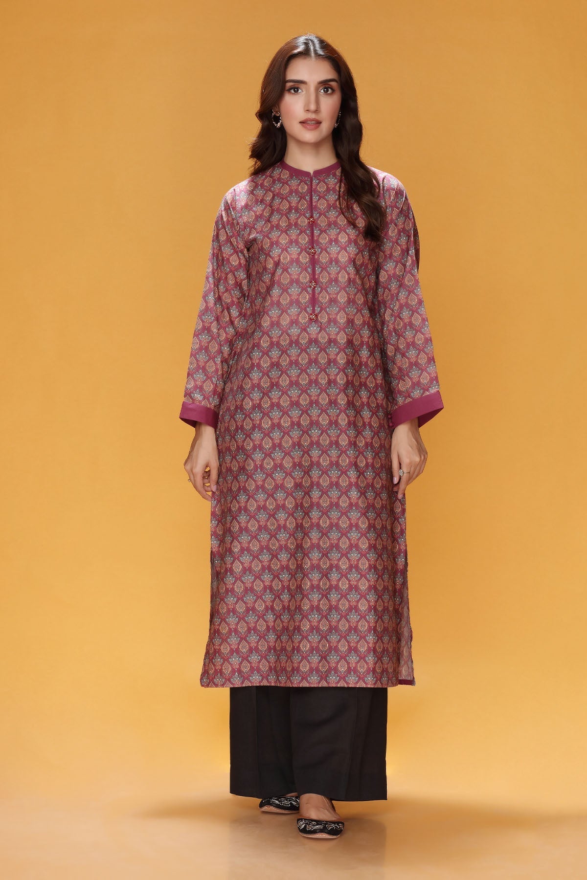 Printed Maroon Khaddar Pret Shirt by The Fabric Store