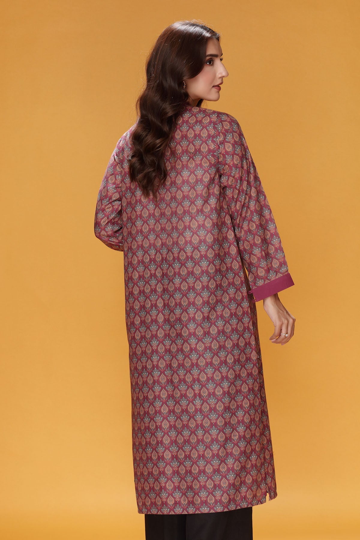 Printed Maroon Khaddar Pret Shirt by The Fabric Store, photo 2