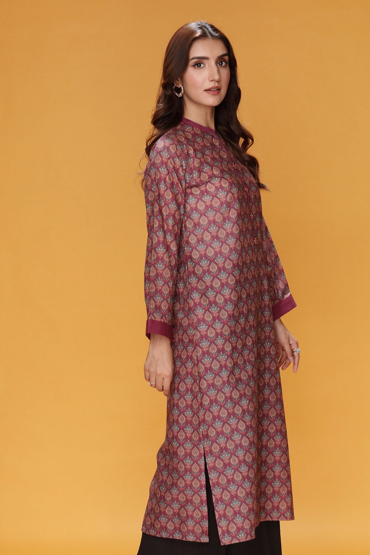 Printed Maroon Khaddar Pret Shirt by The Fabric Store, photo 3
