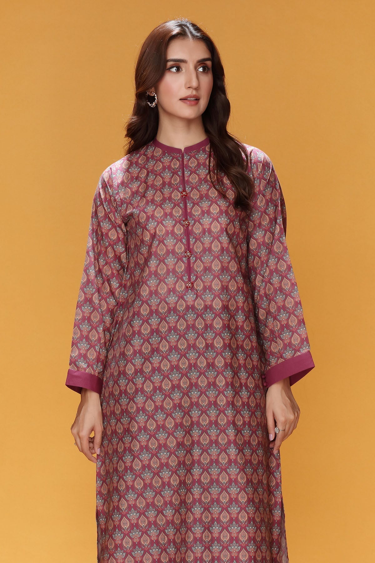 Printed Maroon Khaddar Pret Shirt by The Fabric Store, photo 4