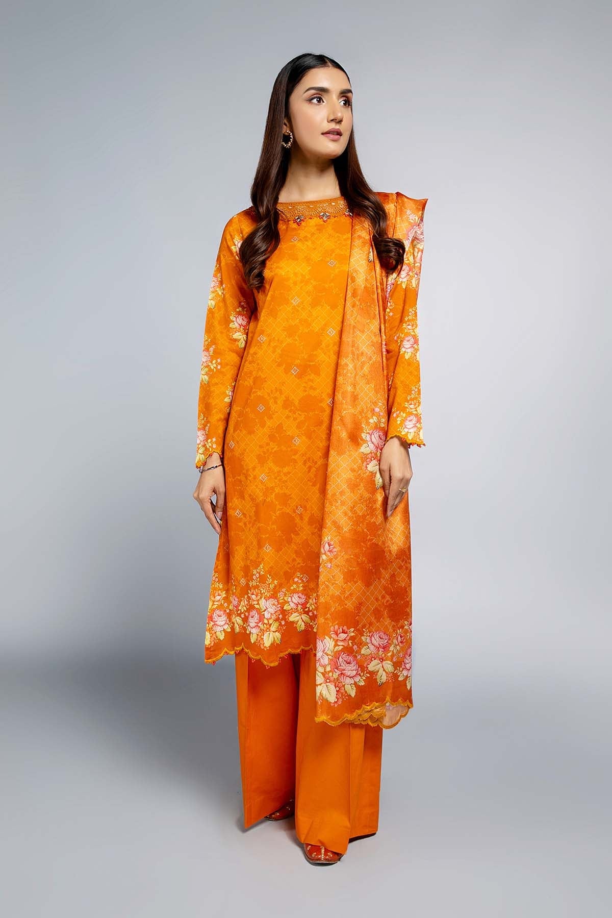 Printed & Embroidered Orange Lawn 3-Piece Unstitched Suit by The Fabric Store