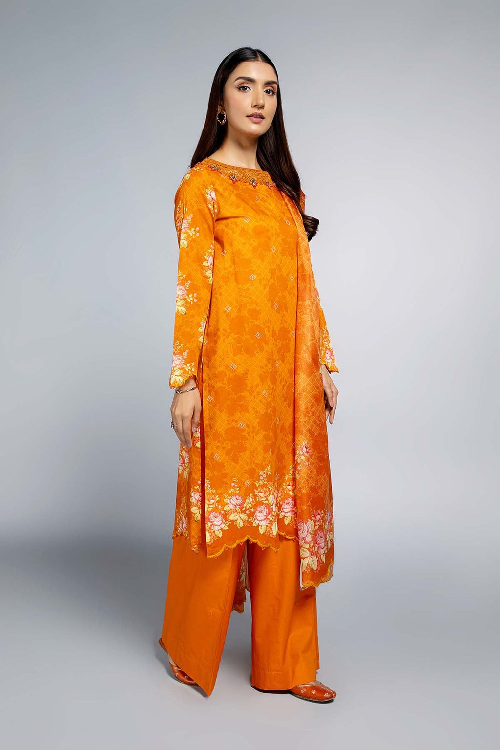 Printed & Embroidered Orange Lawn 3-Piece Unstitched Suit by The Fabric Store, photo 4