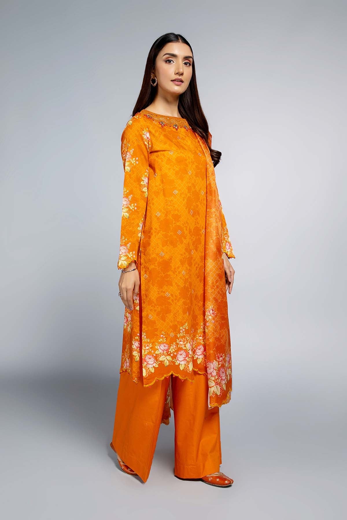 Printed & Embroidered Orange Lawn 3-Piece Unstitched Suit by The Fabric Store, photo 4